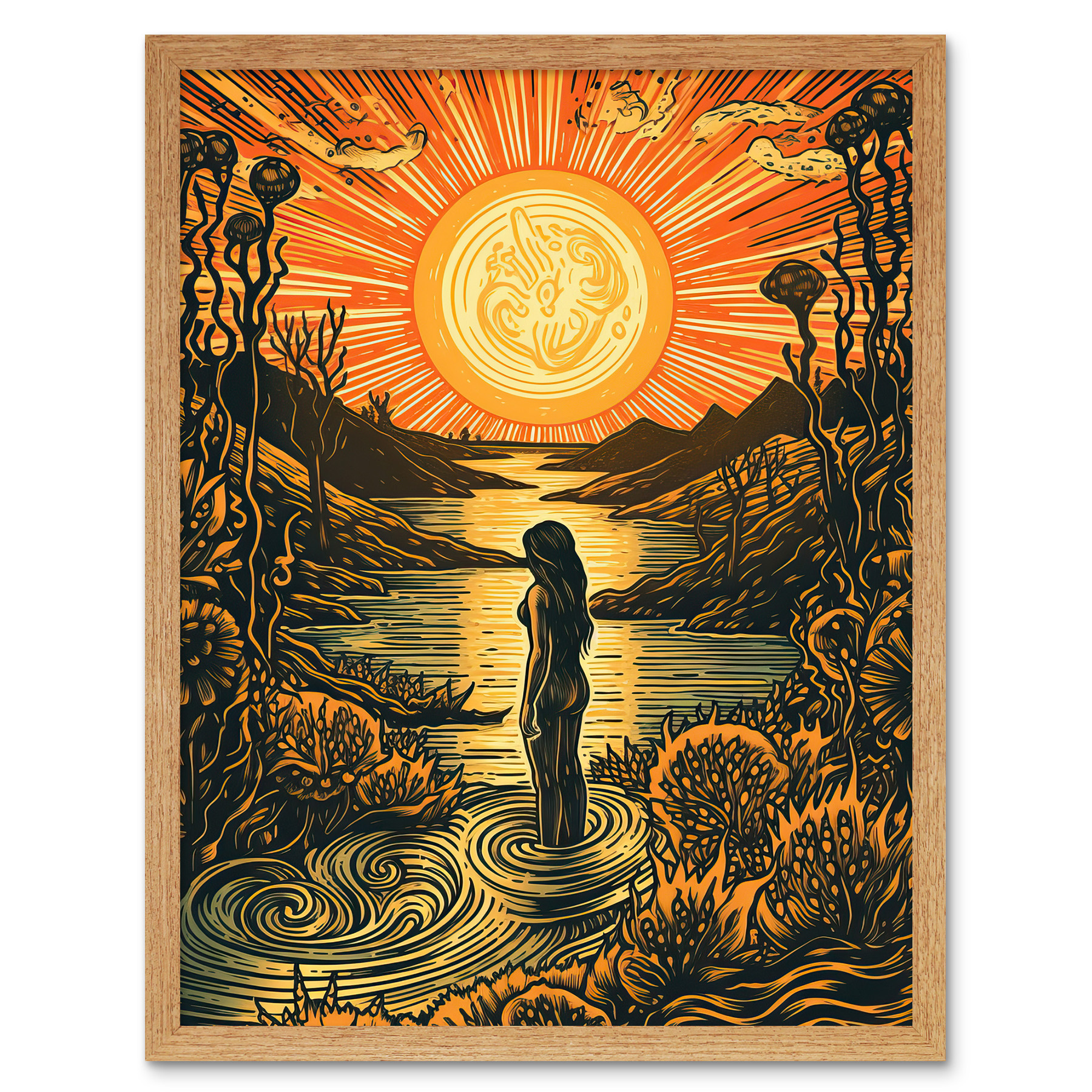 Woman Bathing in Creek at Sunset Modern Linocut Framed Art Picture Print 12x16