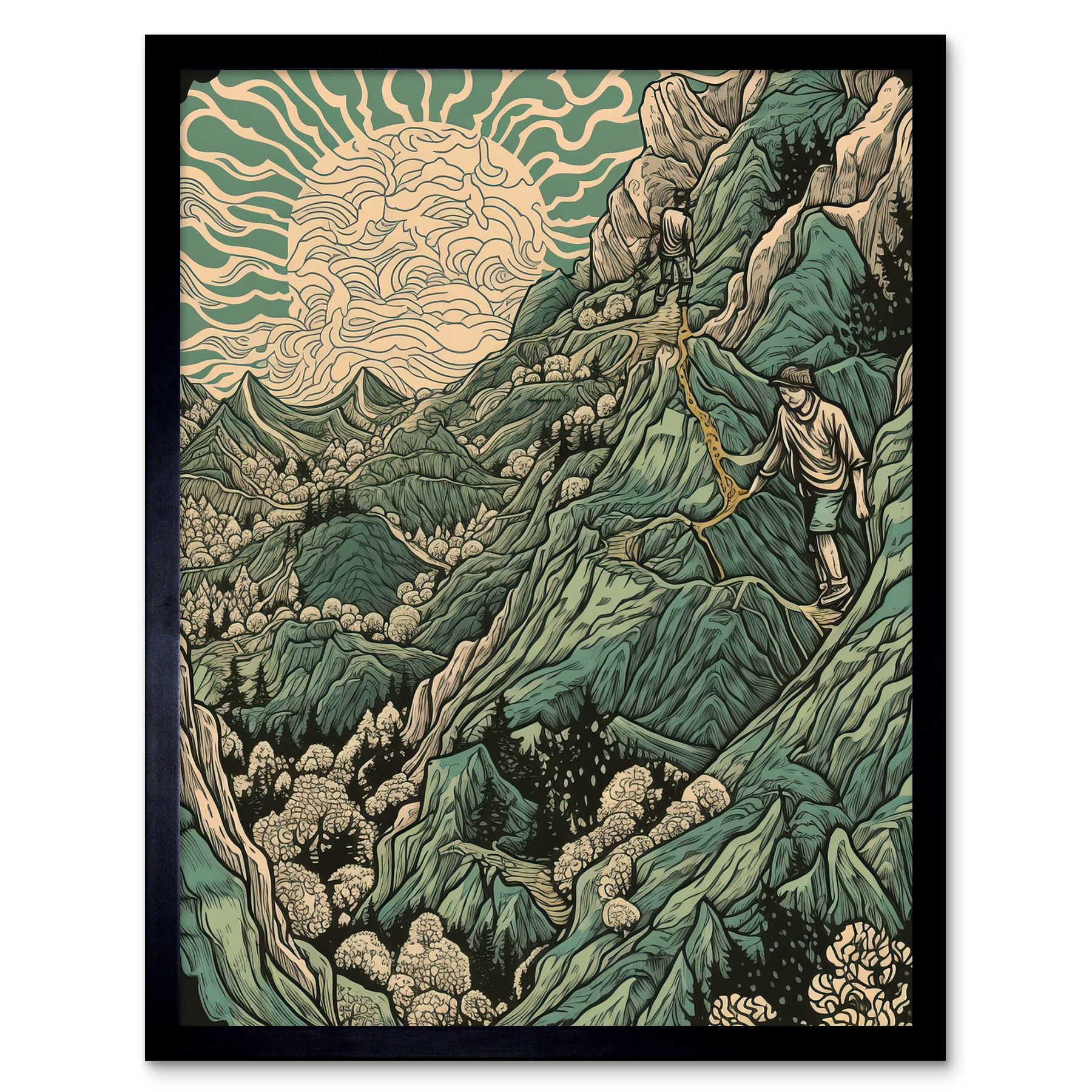 Climb Every Mountain Hikers at Sunrise Linocut Framed Art Picture Print 12x16