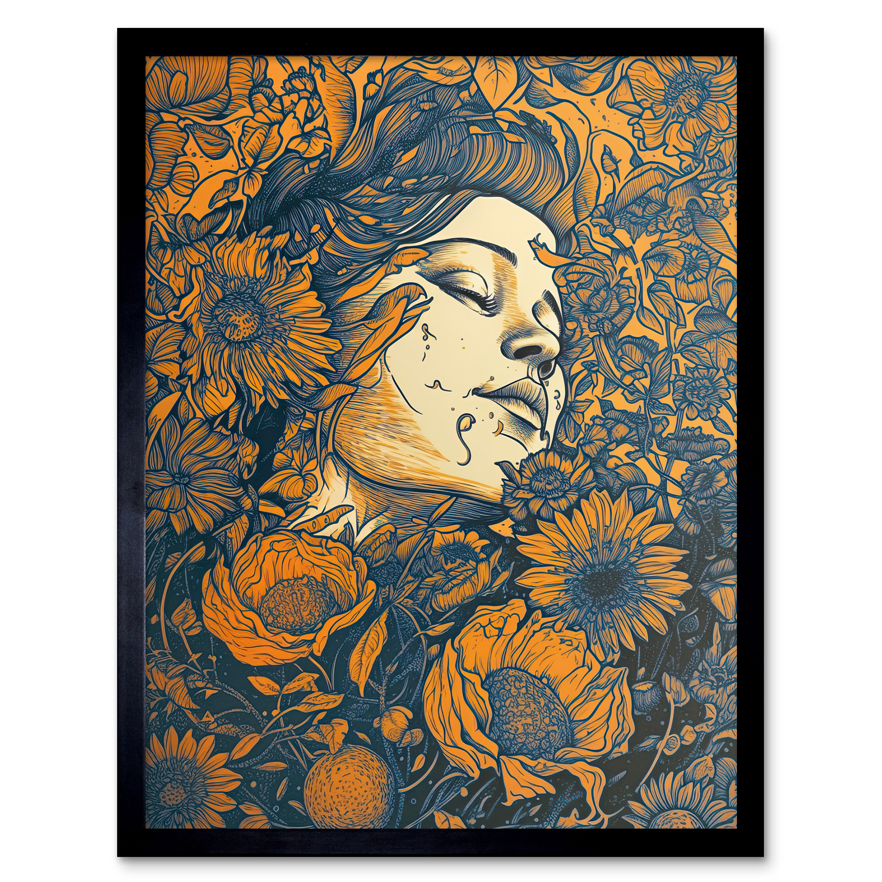 Loving Spring Floral Boho Duotone Illustration Framed Art Picture Print 12x16
