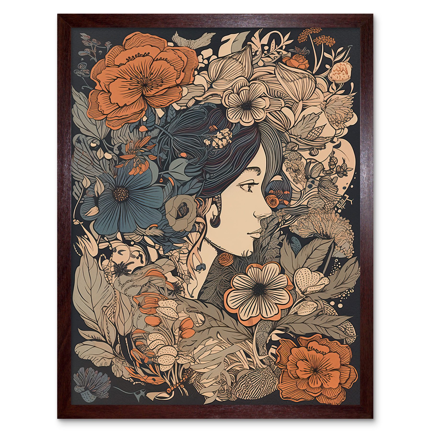Woman Floral Profile Portrait Boho Art Nouveau Framed Art Picture Print 12x16