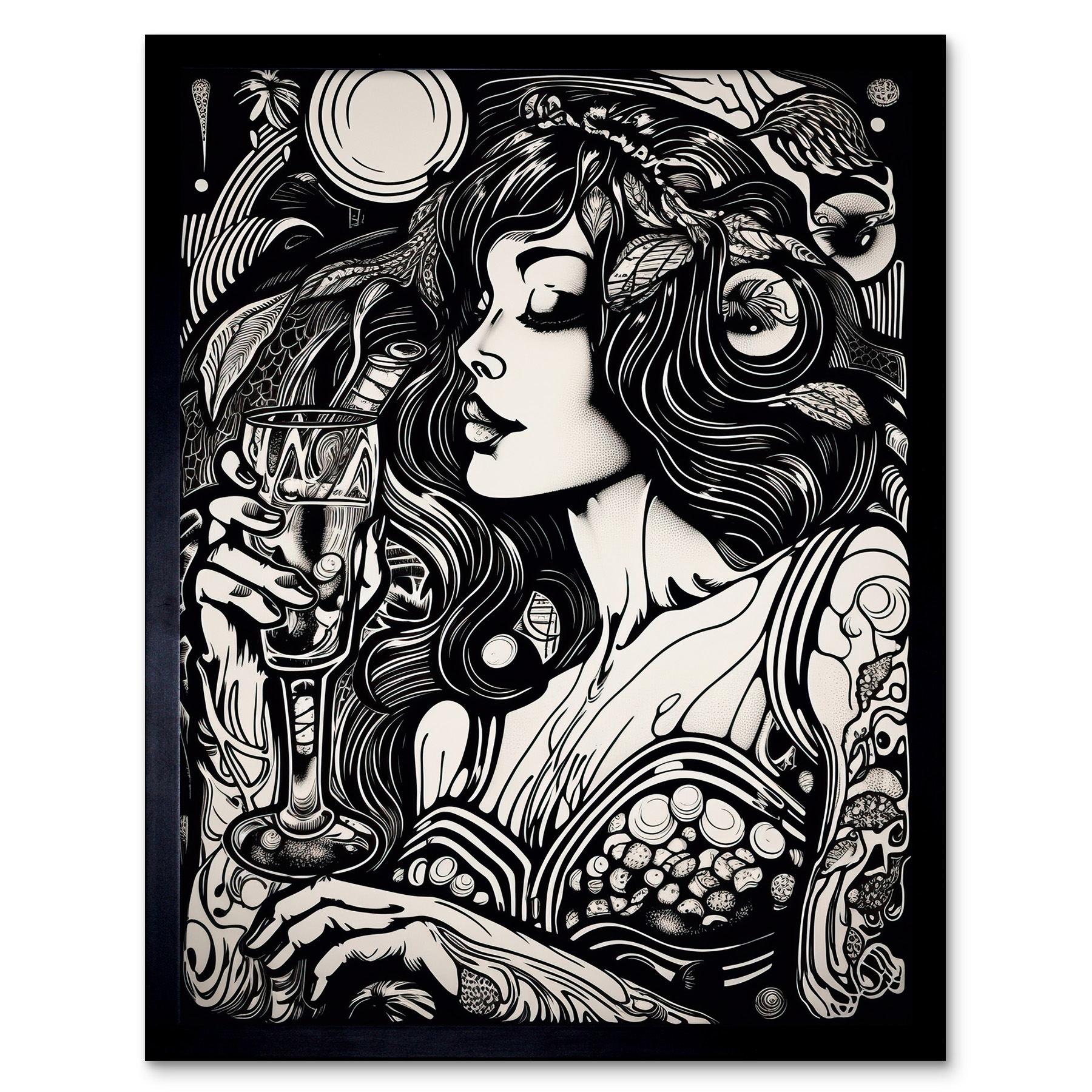 Woman Drinking Wine Black and White Illustration Framed Art Picture Print 12x16