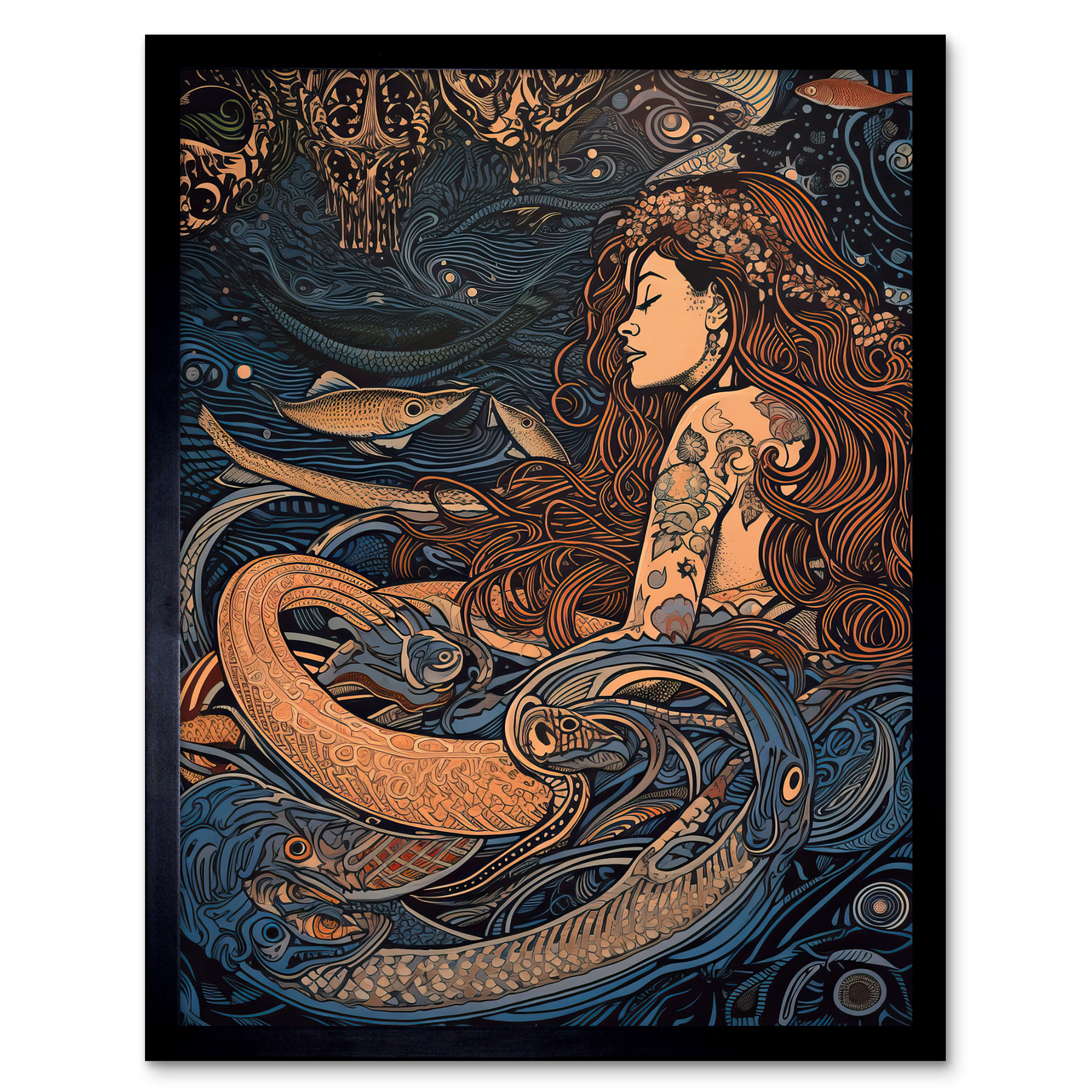 Little Mermaid and Aquatic Animals Illustration Framed Art Picture Print 12x16