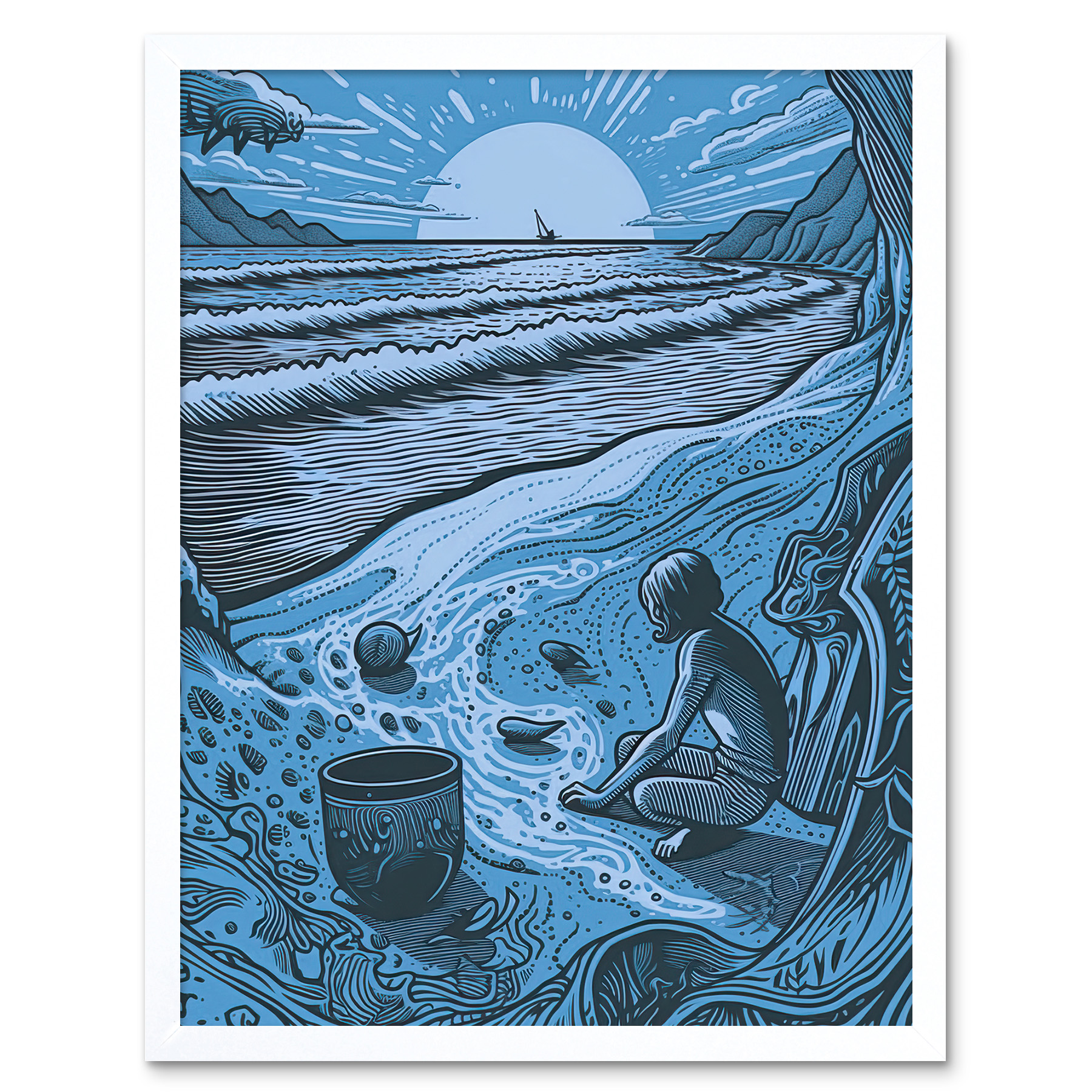 Beachcombing Coastal Landscape Blue Illustration Framed Art Picture Print 12x16