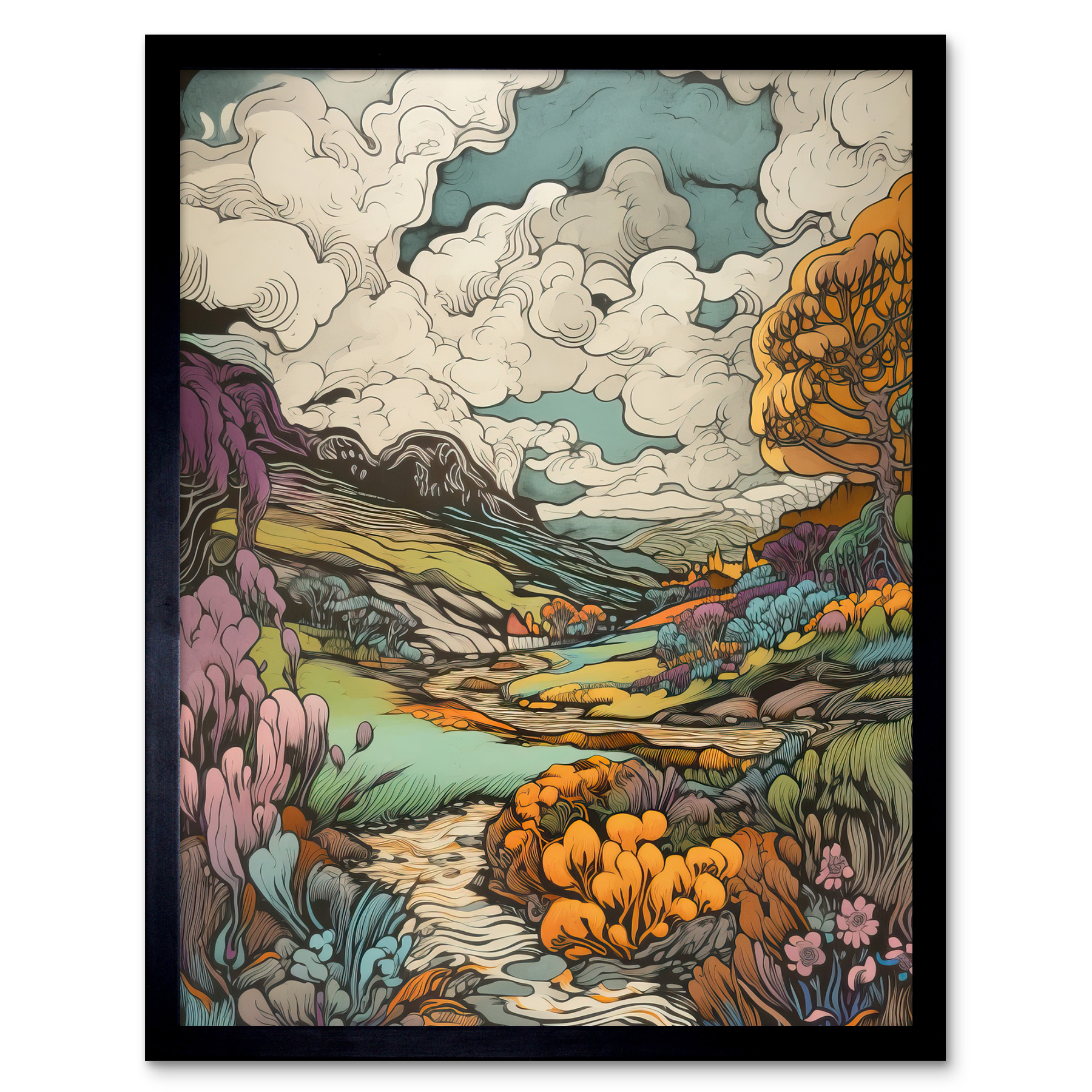 Meadow River Multicoloured Landscape Illustration Framed Art Picture Print 12x16