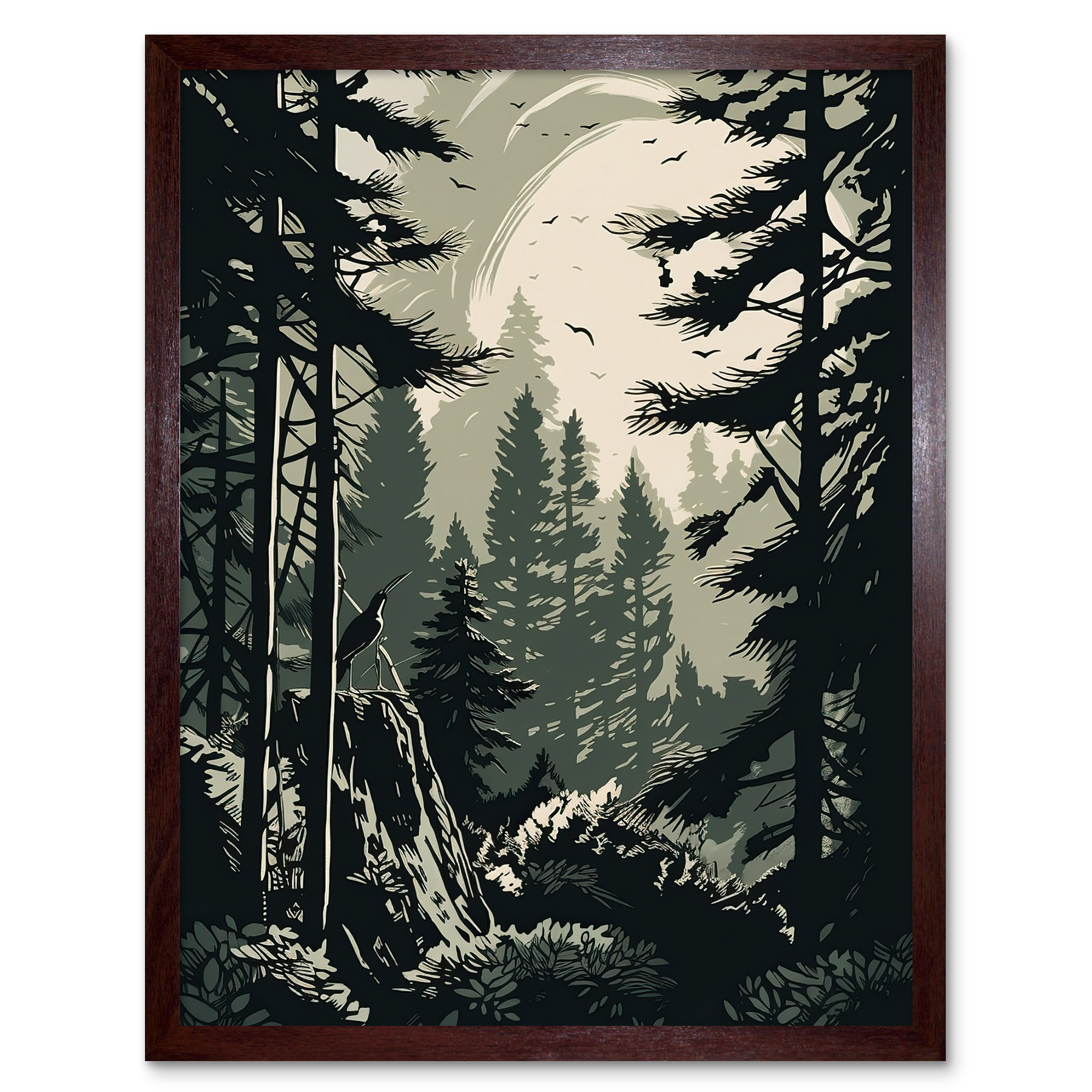 Pine Tree Forest Sunrise Landscape Illustration Framed Art Picture Print 12x16