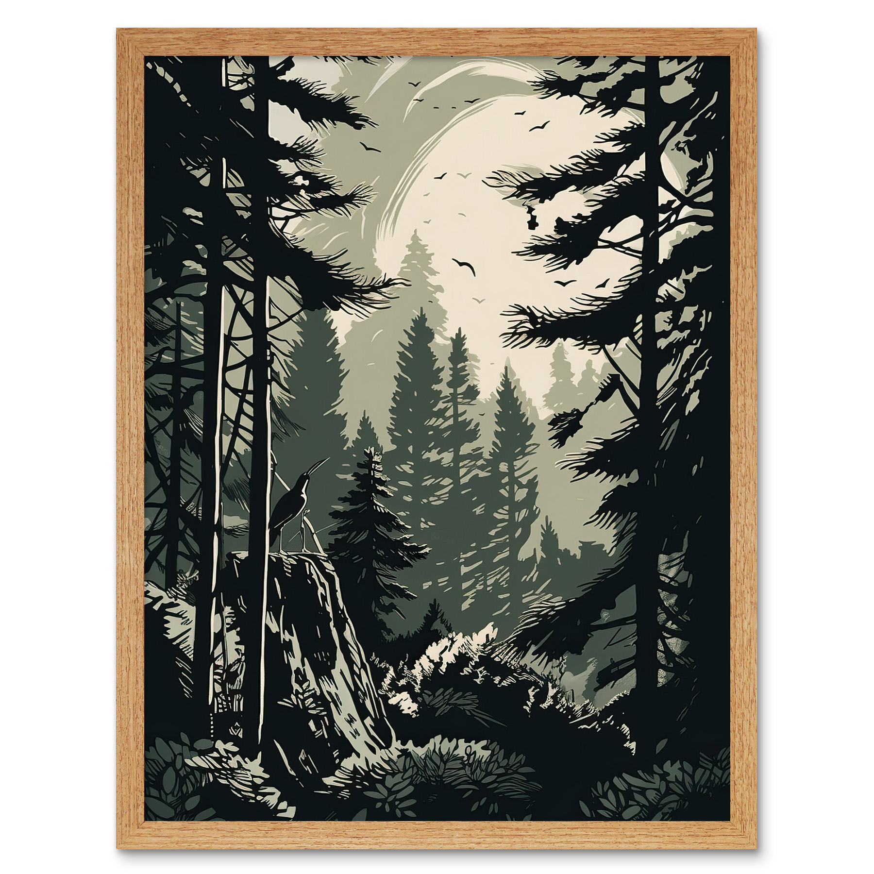 Pine Tree Forest Sunrise Landscape Illustration Framed Art Picture Print 12x16