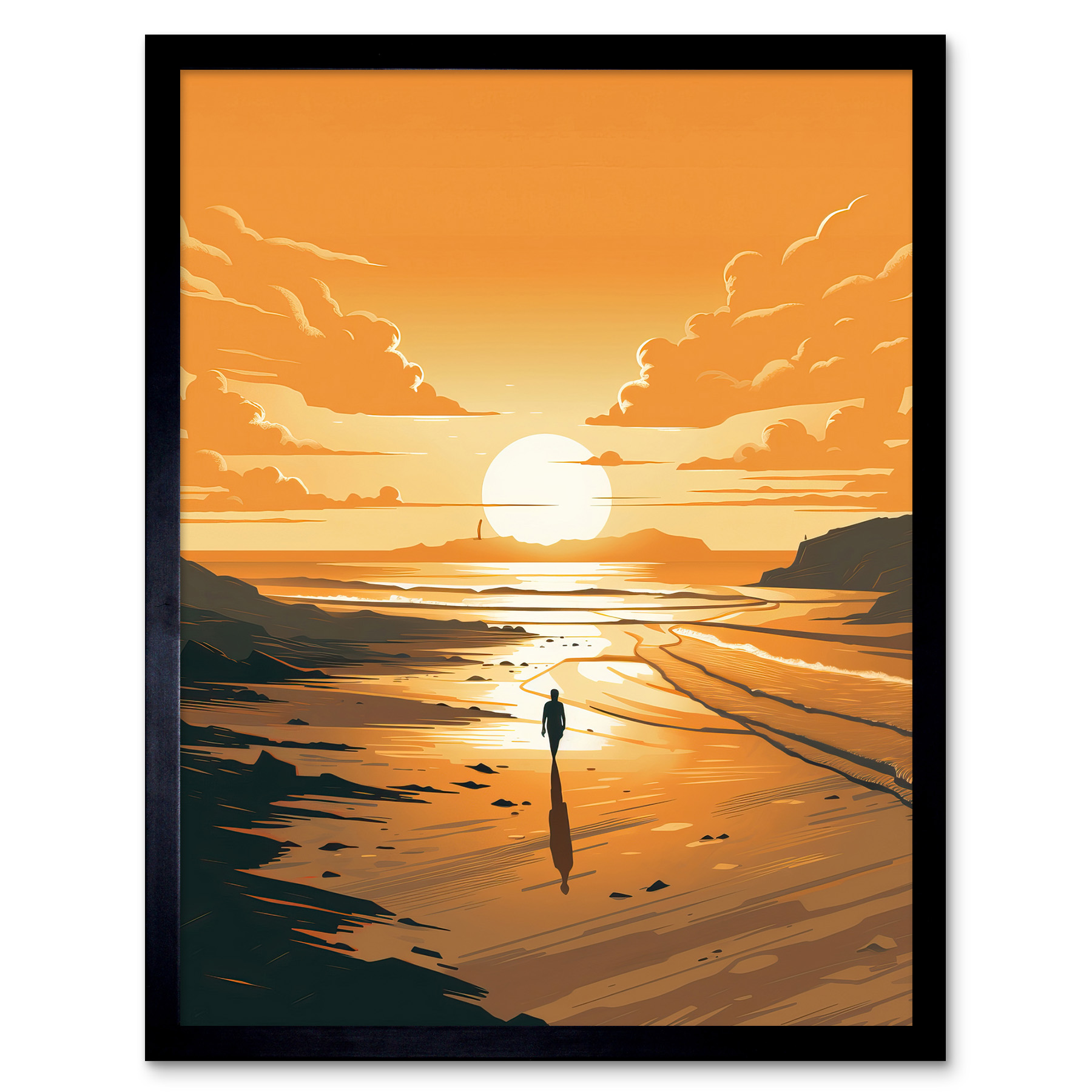 Walk into the Sunset Sand Beach Coastal Landscape Framed Art Picture Print 12x16