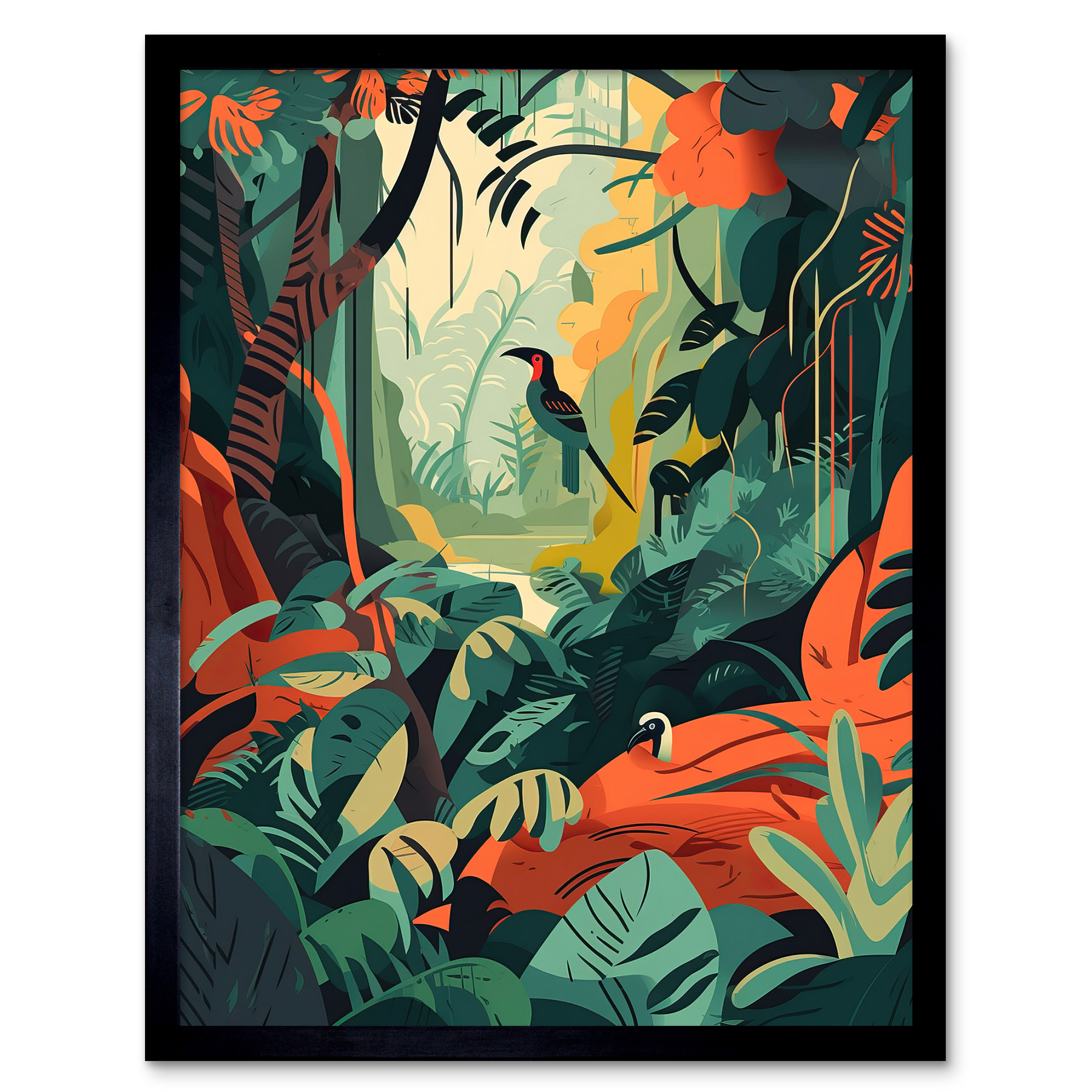Amazon Rainforest Diverse Flora and Tropical Birds Framed Wall Art Picture 12x16