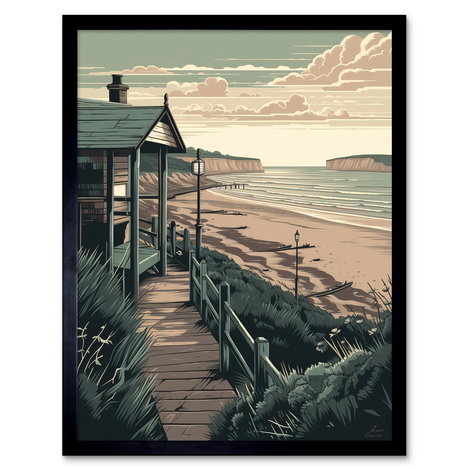 Summer Beach House Coastal Landscape Illustration Framed Art Picture Print 12x16