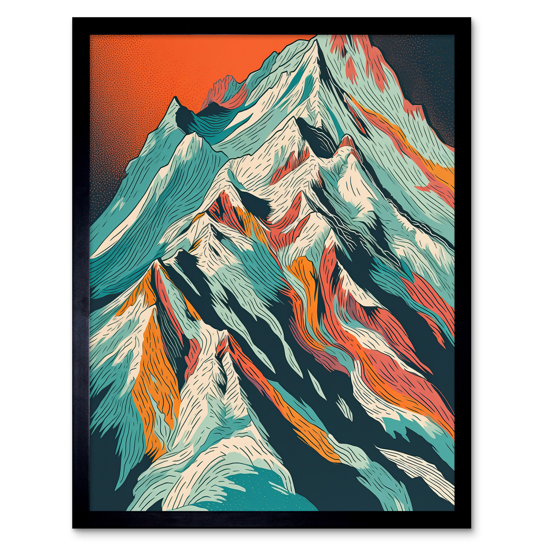 Mont Blanc Mountain Peak Linocut Illustration Framed Art Picture Print 12x16