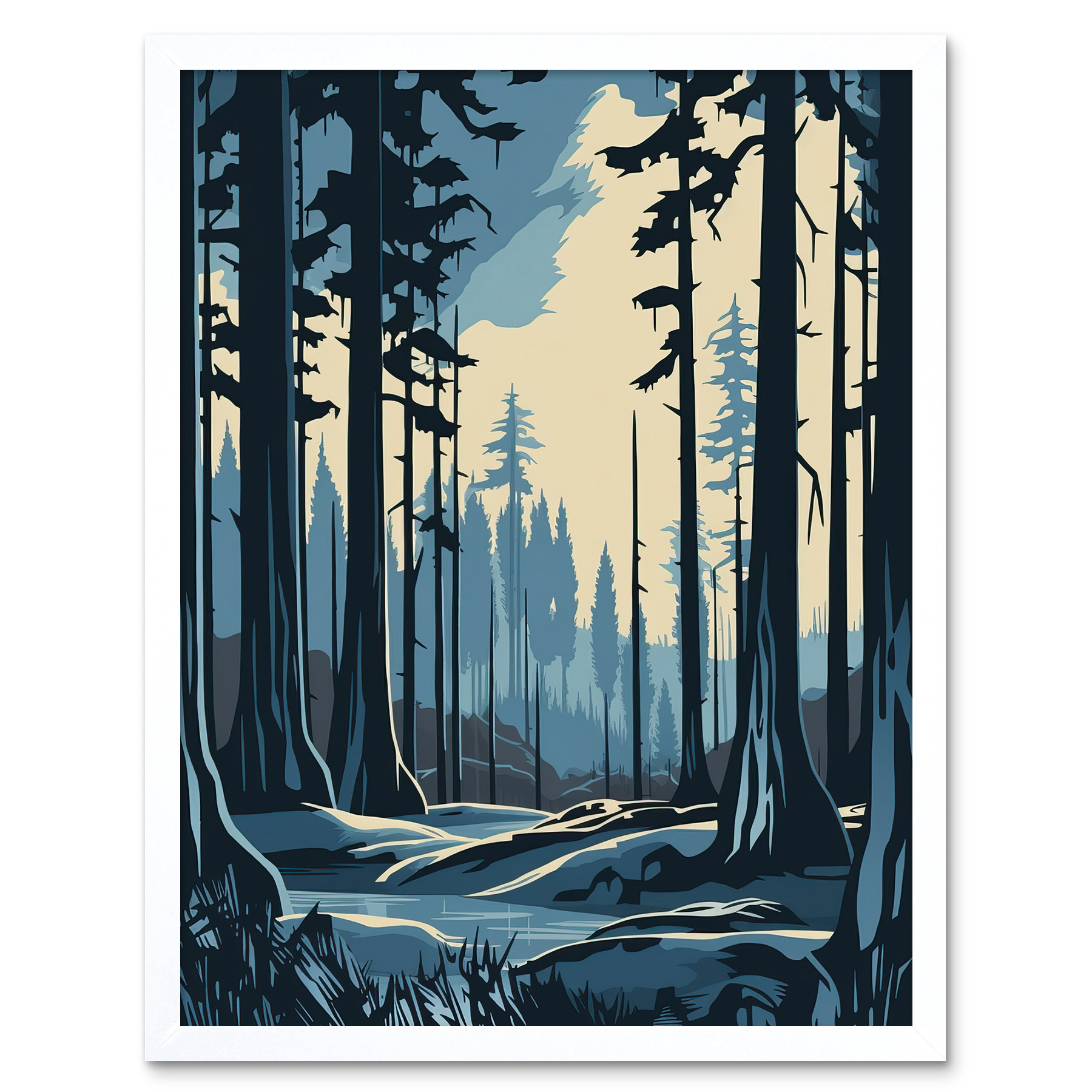 Taiga Boreal Forest Winter Landscape Illustration Framed Art Picture Print 12x16