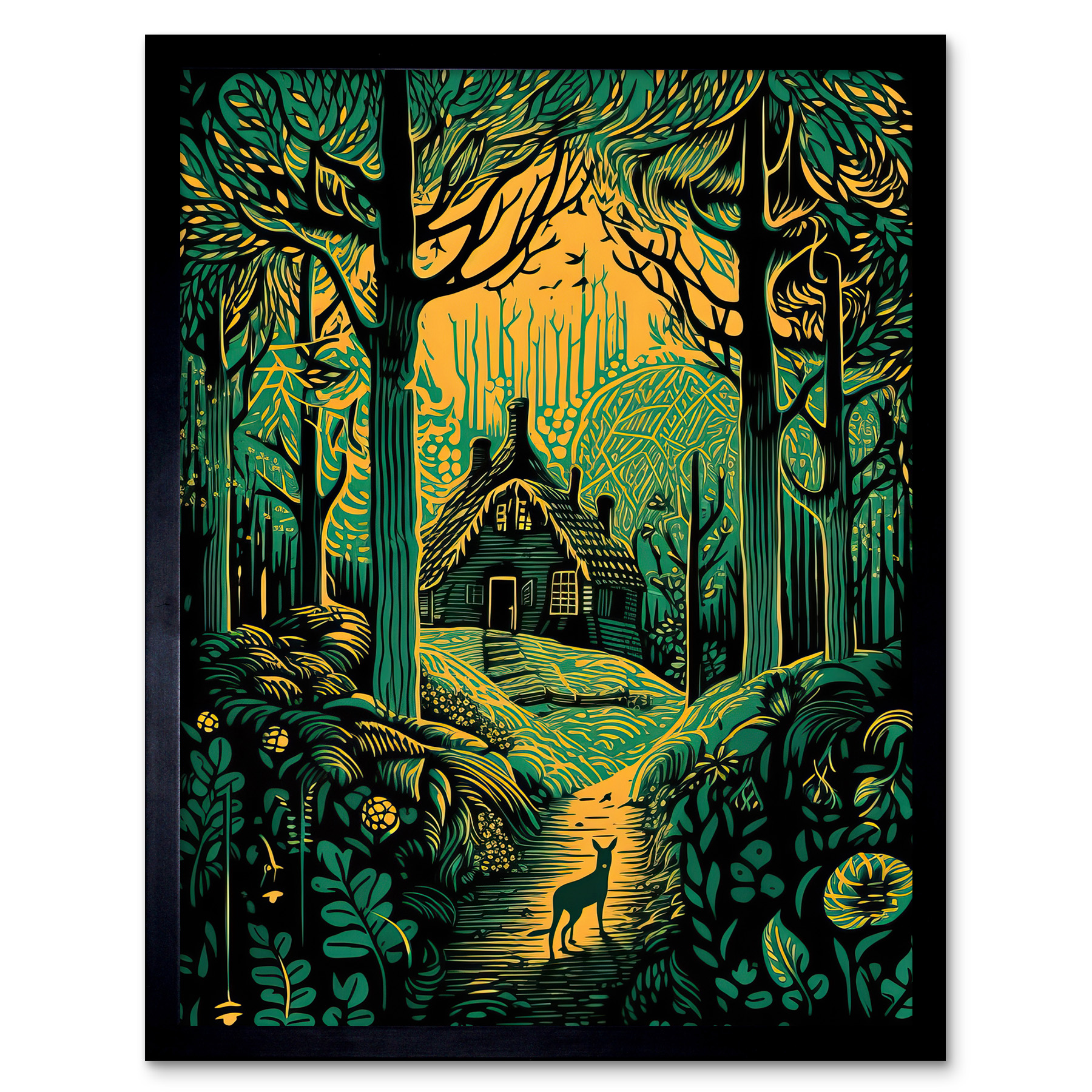 Cabin Hut in the Forest Green and Orange Linocut Framed Art Picture Print 12x16