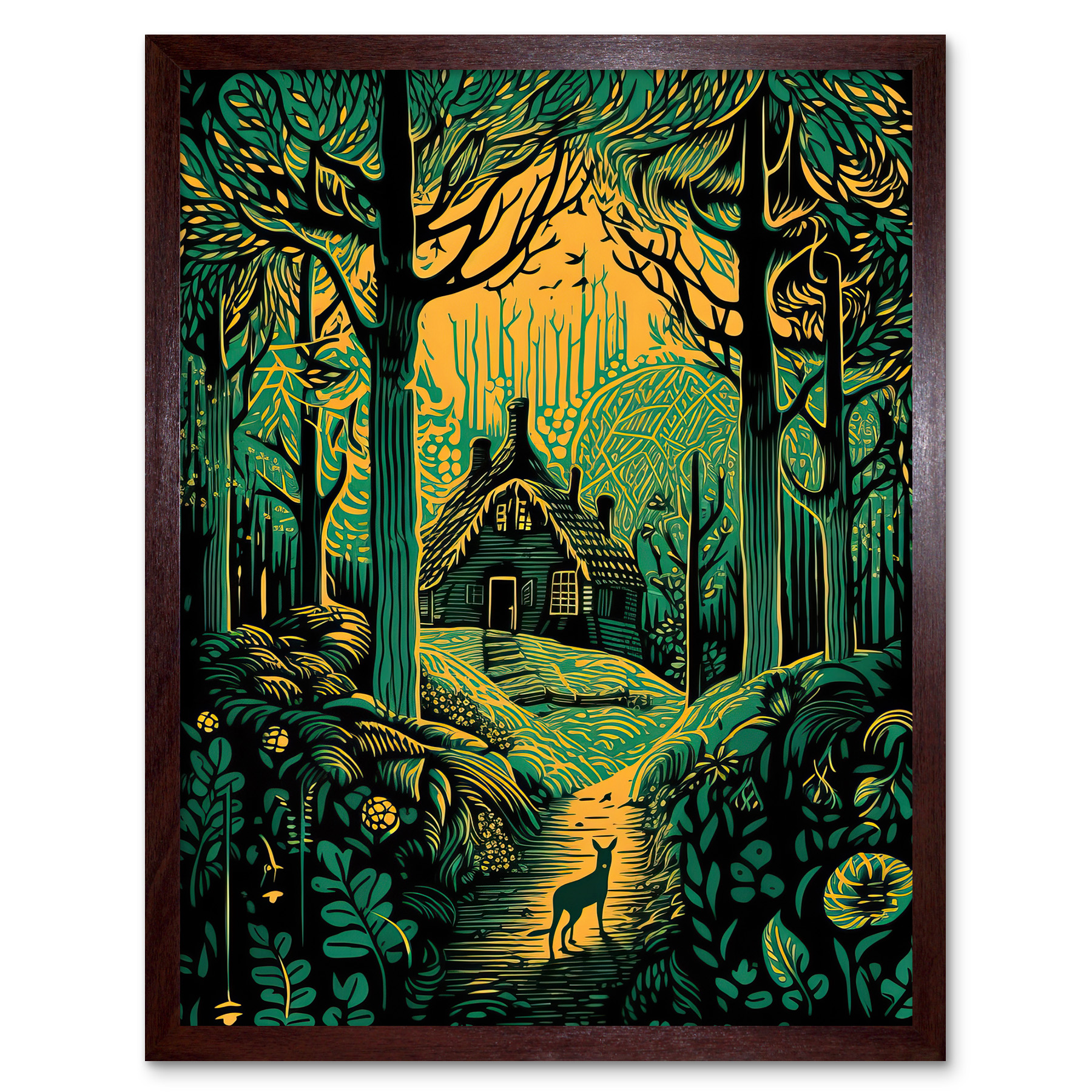 Cabin Hut in the Forest Green and Orange Linocut Framed Art Picture Print 12x16