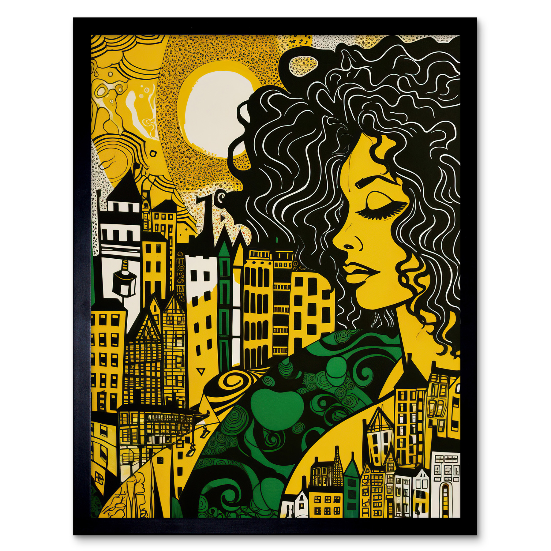 Woman and Edinburgh Cityscape Yellow Green Linocut Framed Wall Art Picture 12x16
