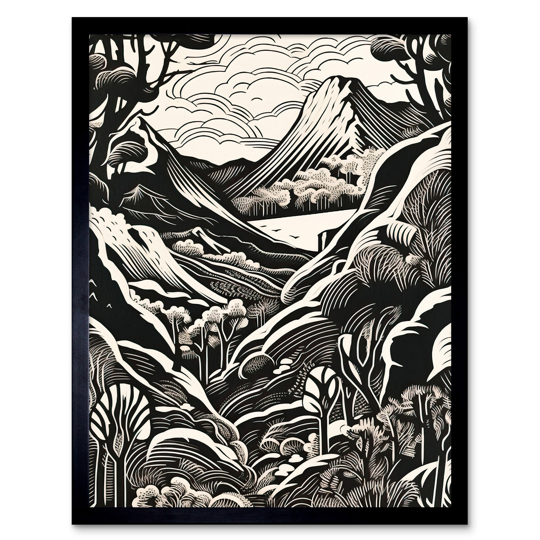 Forest Mountain Landscape Black and White Linocut Framed Art