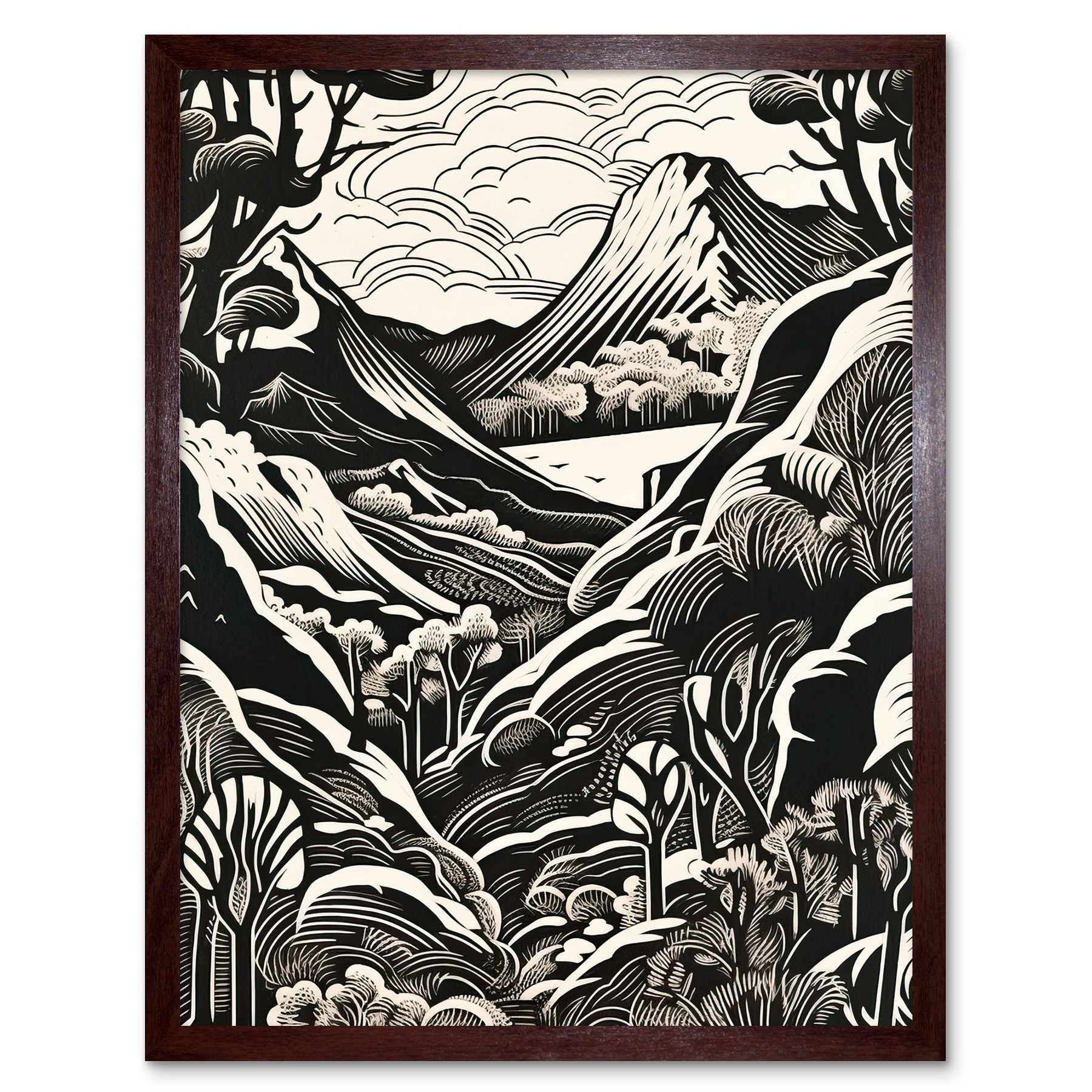 その他 Morte Fine Scenery Noir et Blanc Forest Mountain Landscape Black and White Linocut Framed Art