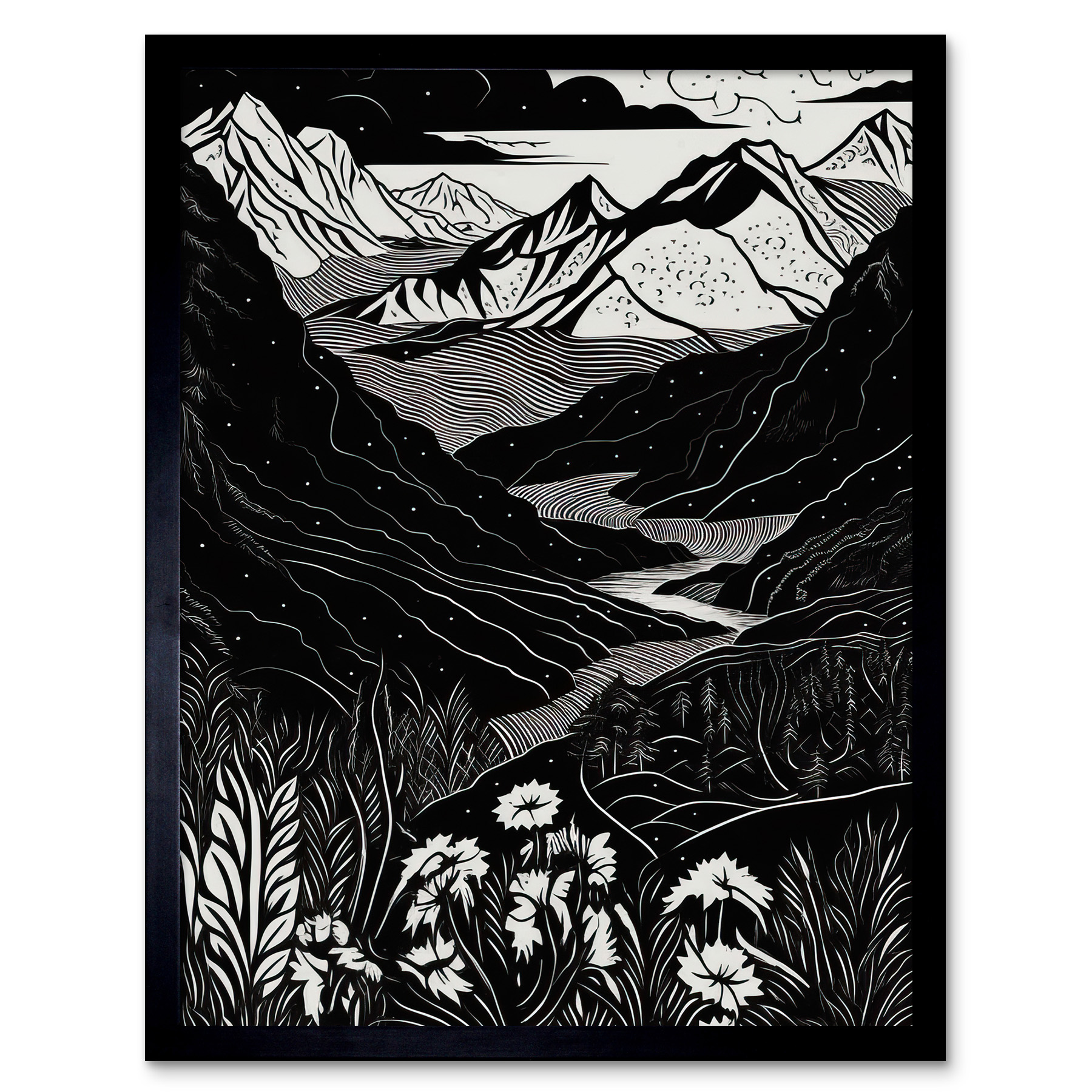 Wildflowers in Spring Mountain Landscape Linocut Framed Art Picture Print 12x16