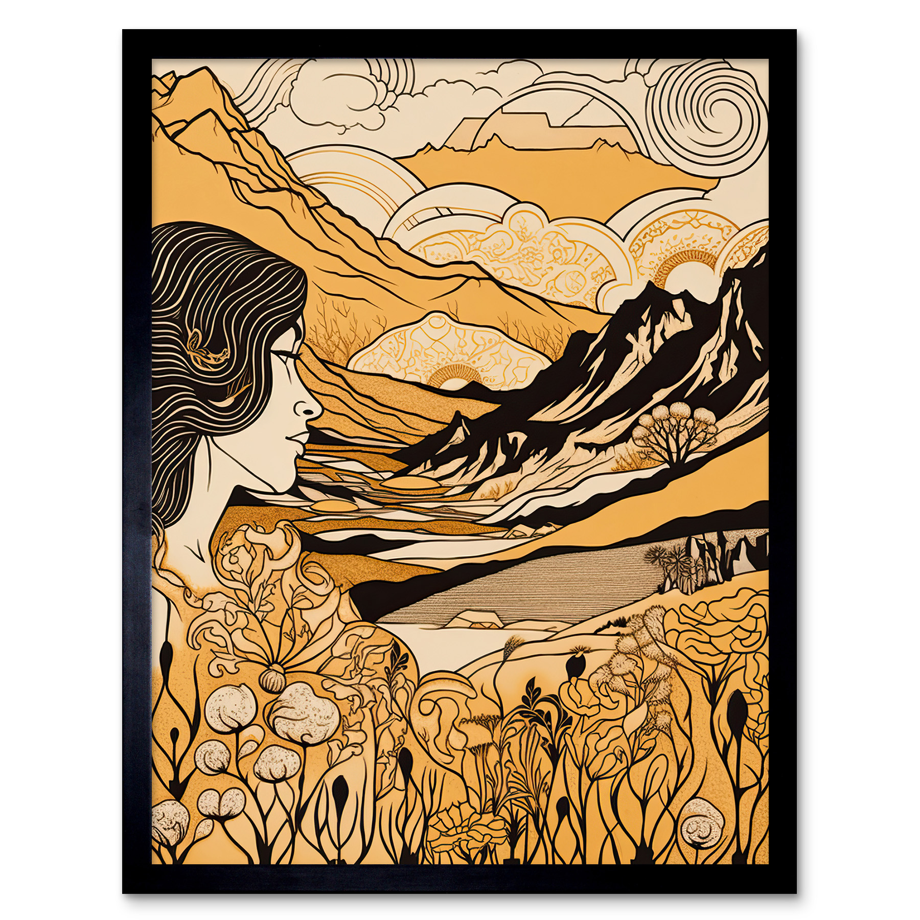 Earth Goddess Blooming Flowers Mountain Landscape Framed Art Picture Print 12x16