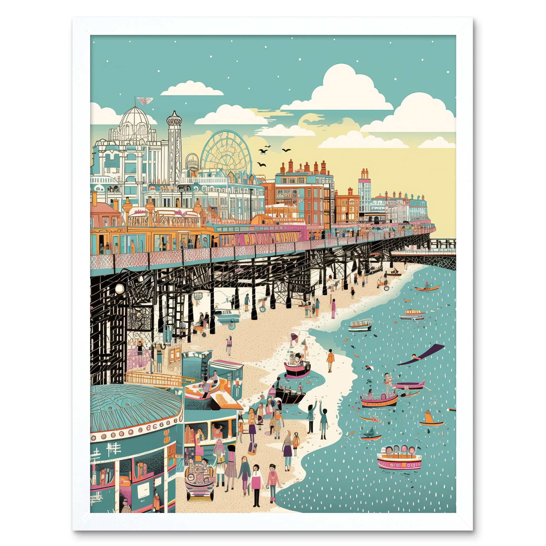 Brighton Beach Pier and Sandy Summer Scene Framed Wall Art Picture Print 12x16