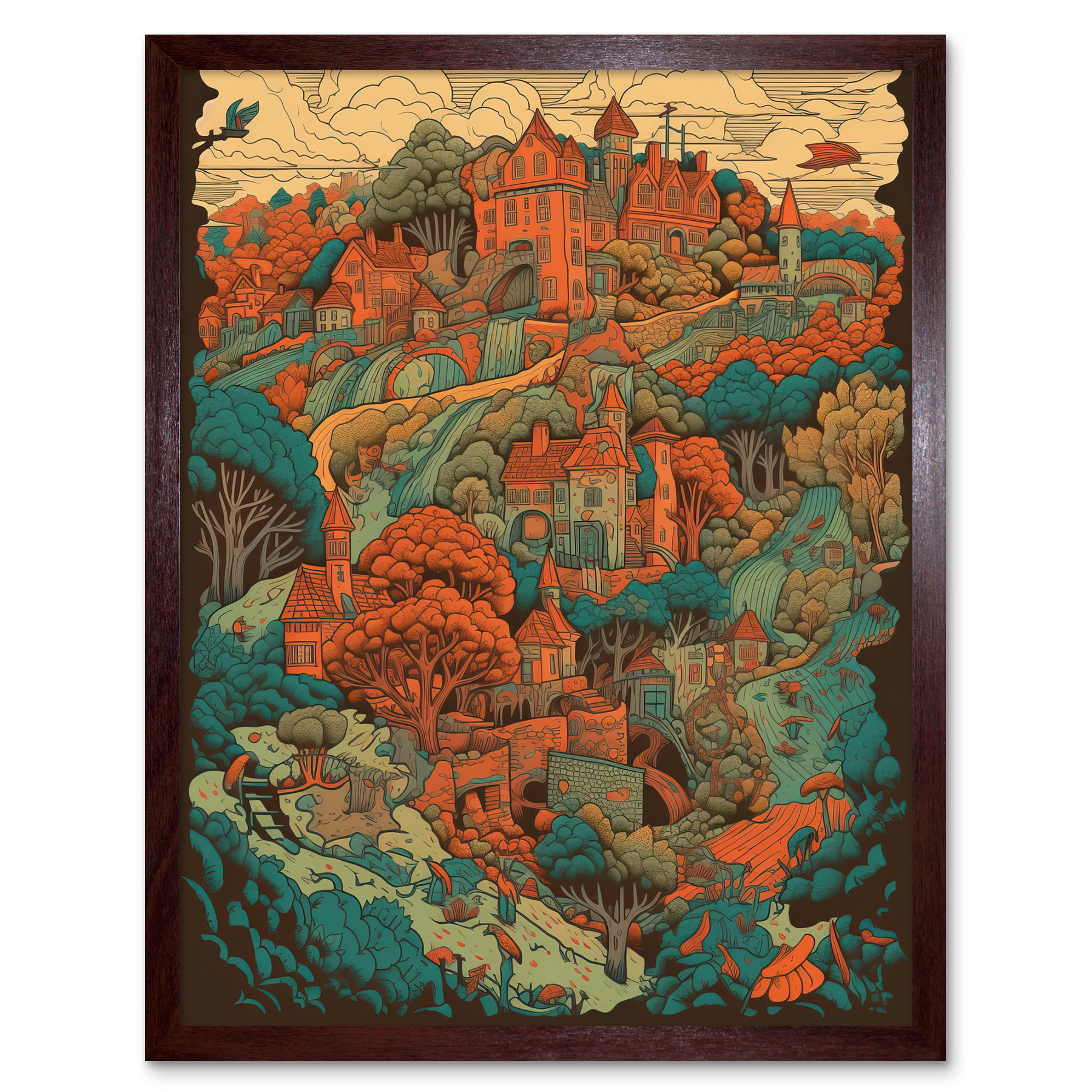Village in Forest Coral and Teal Blue Illustration Framed Wall Art Print 12x16