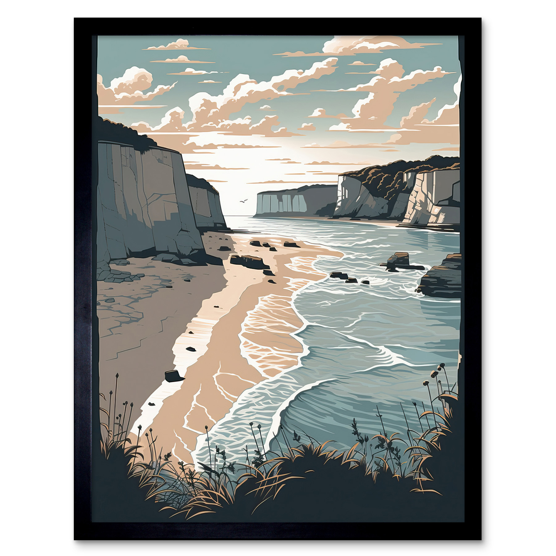 Bay with Cliffs Pastel Colour Coastal Landscape Framed Art Picture Print 12x16