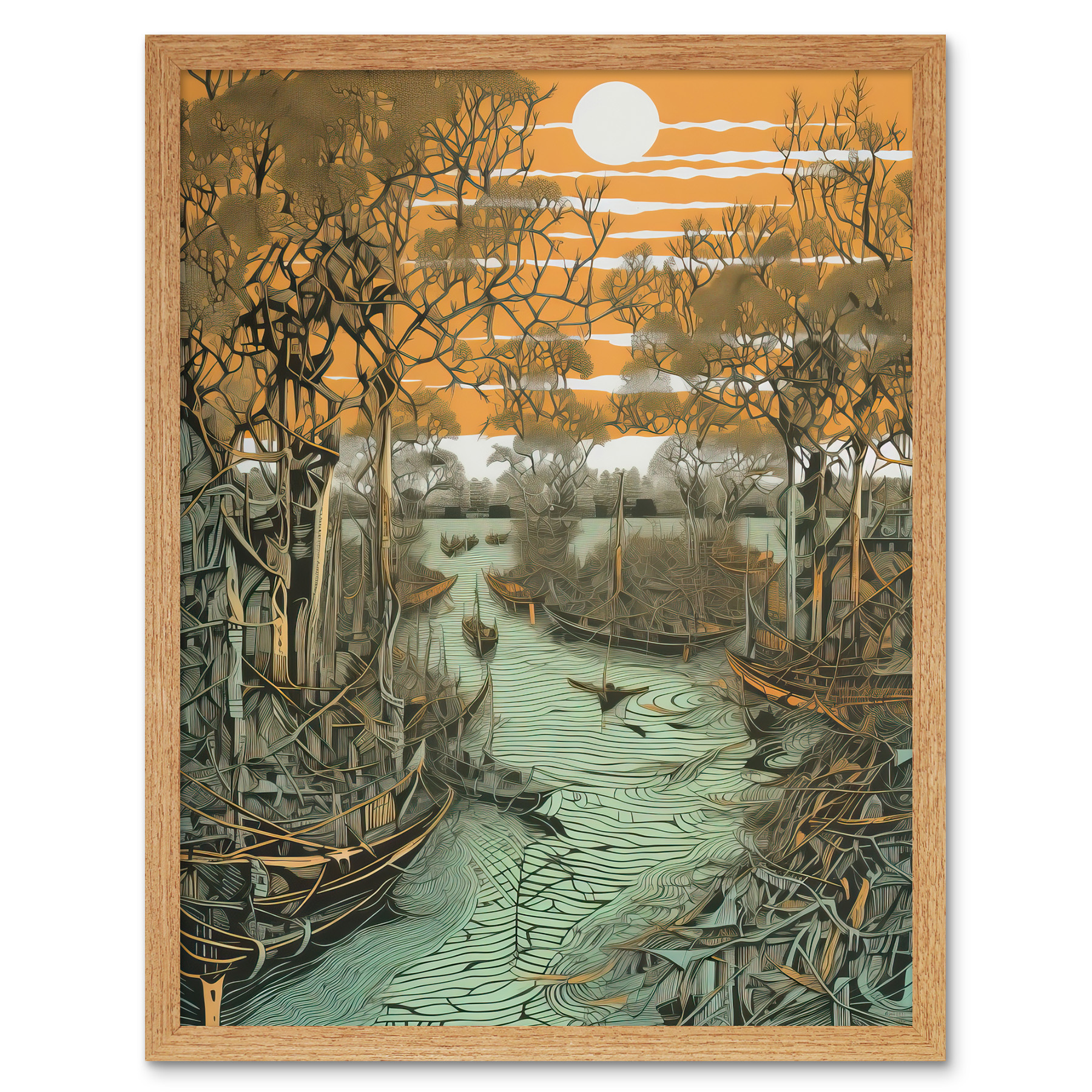 Mangrove Forest Swamp Landscape Linocut Style Framed Art Picture Print 12x16