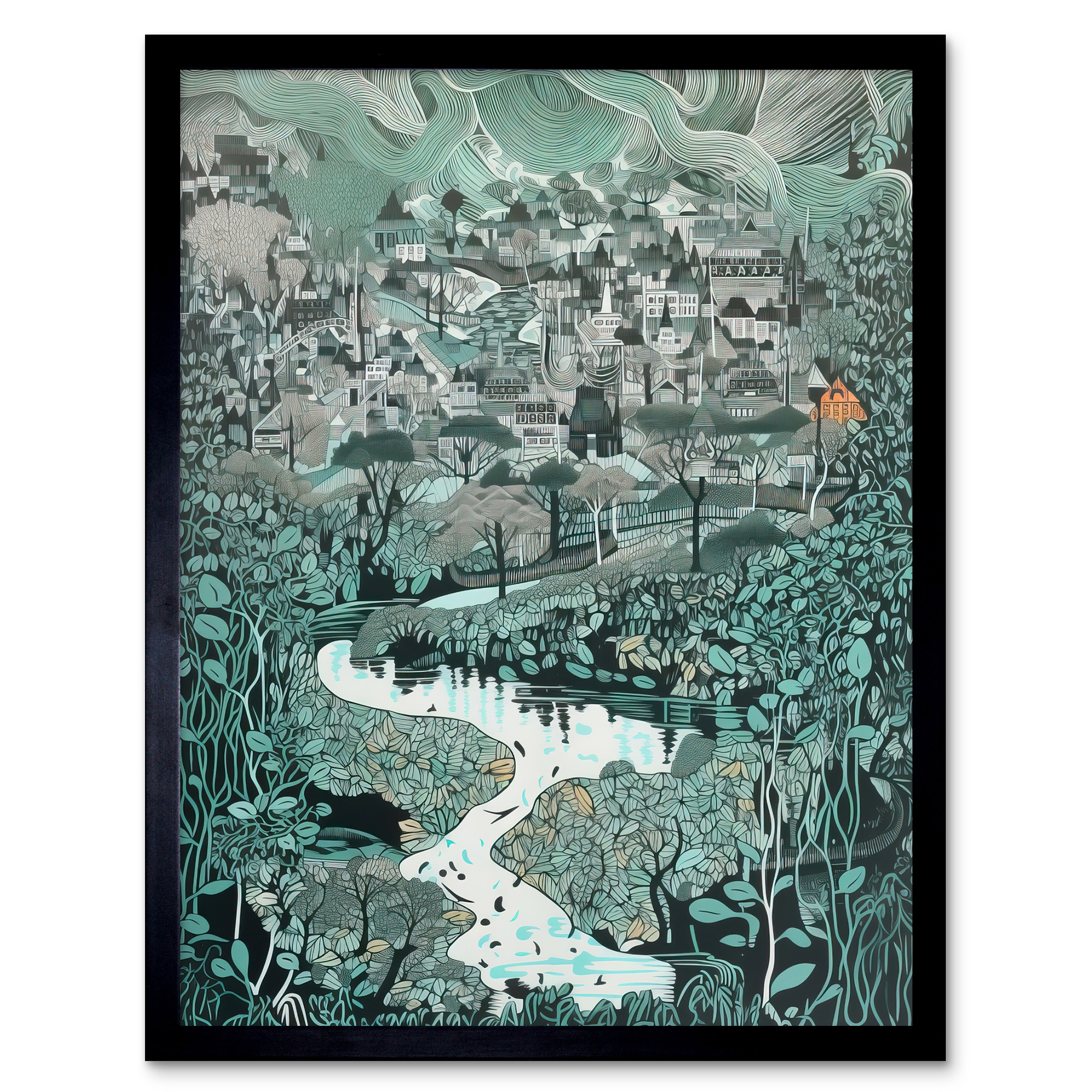 Village Near River Forest Landscape Blue Linocut Framed Art Picture Print 12x16