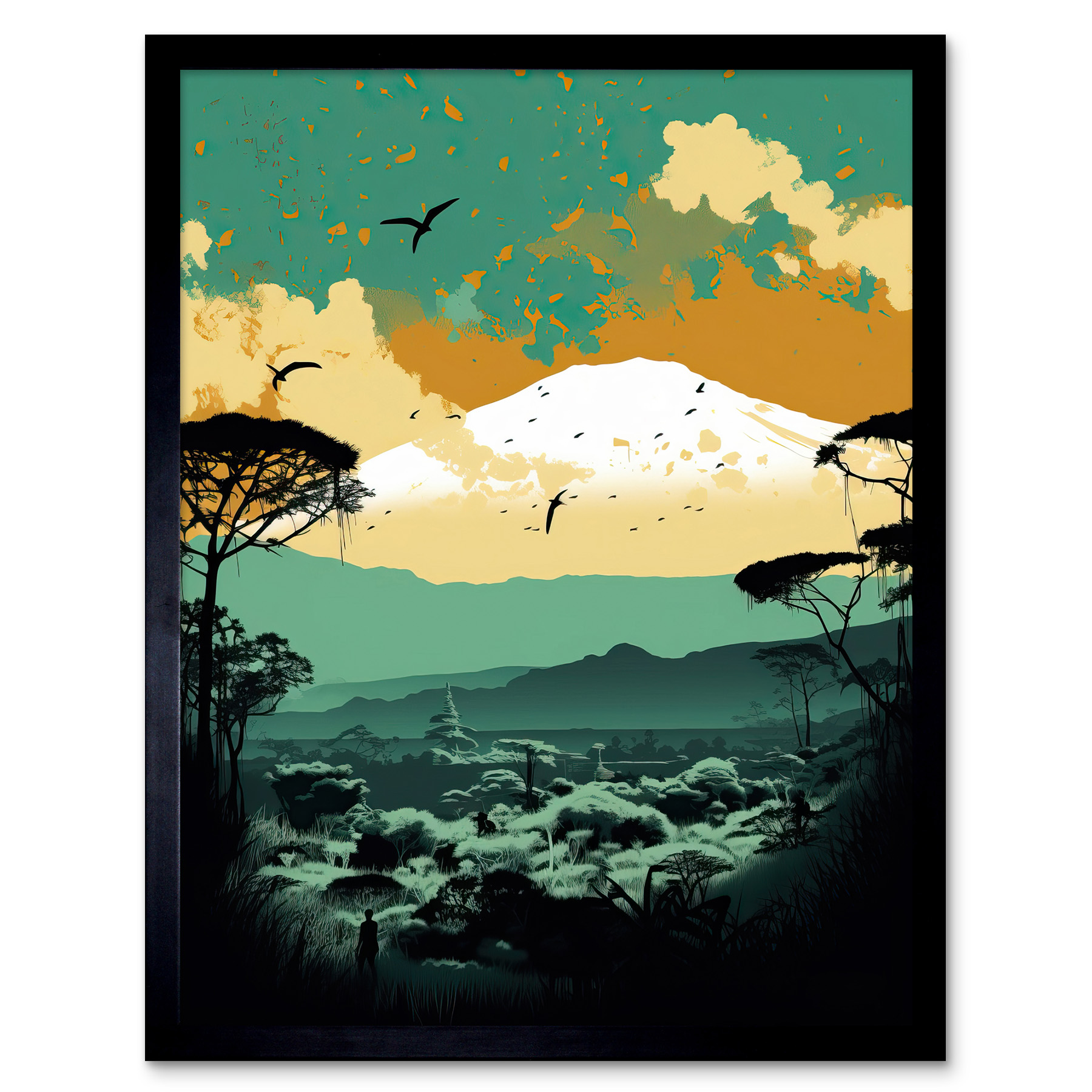 Mount Fuji Sunrise Landscape in Teal Blue and Tan Framed Art Picture Print 12x16