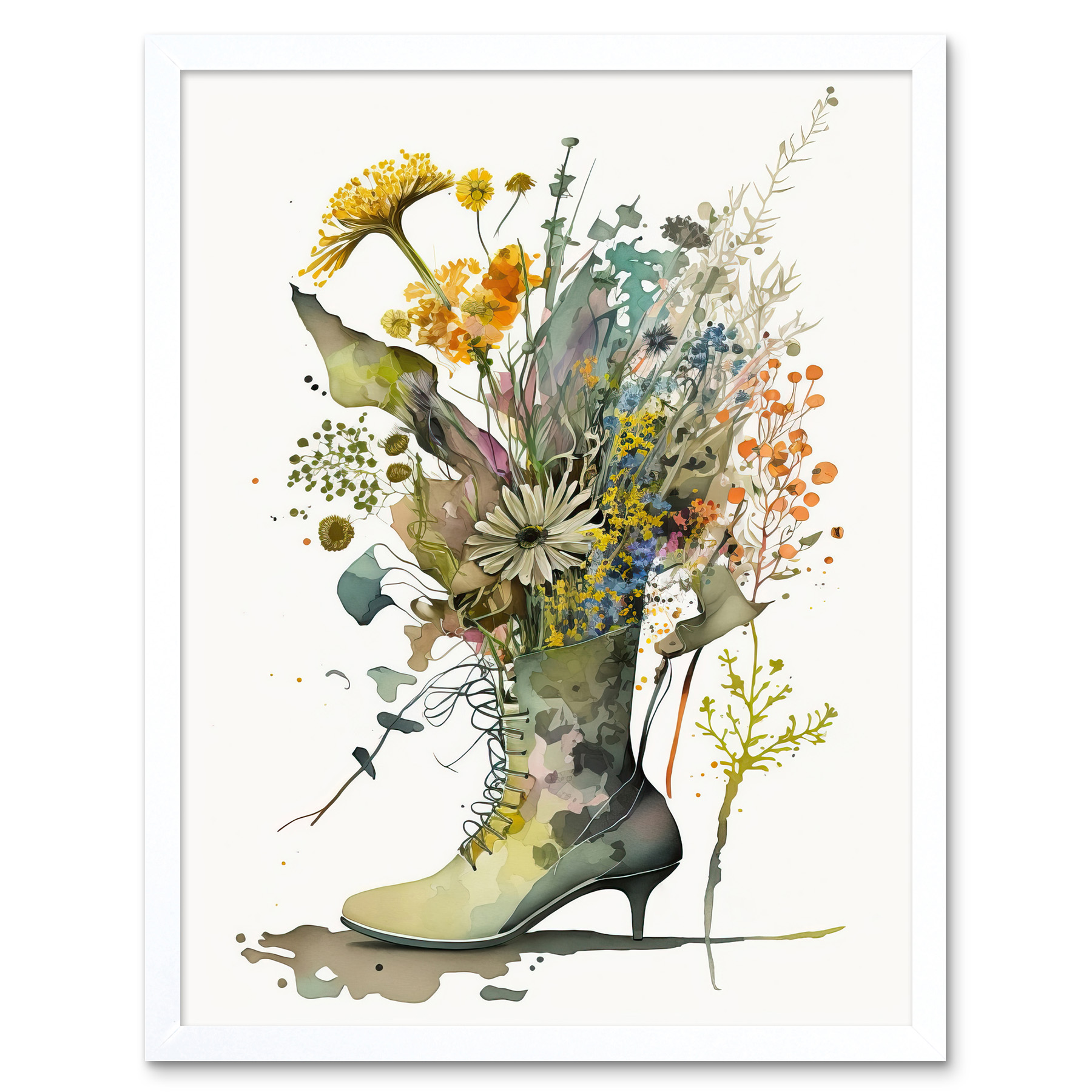 Spring Wildflower Bouquet Stiletto Military Boot Framed Art Picture Print 12x16