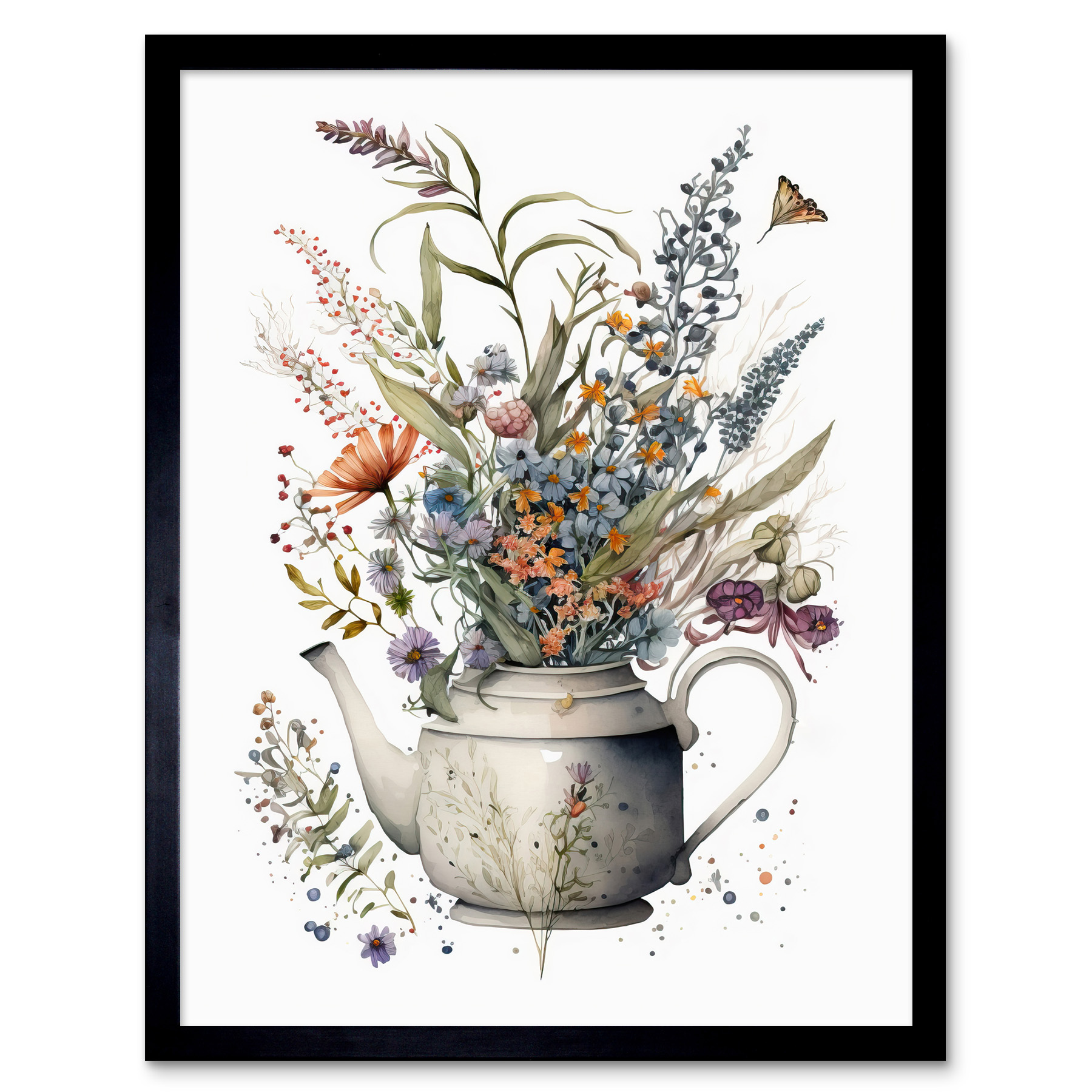 Spring Wildflower Bouquet in White Ceramic Teapot Framed Art Picture Print 12x16