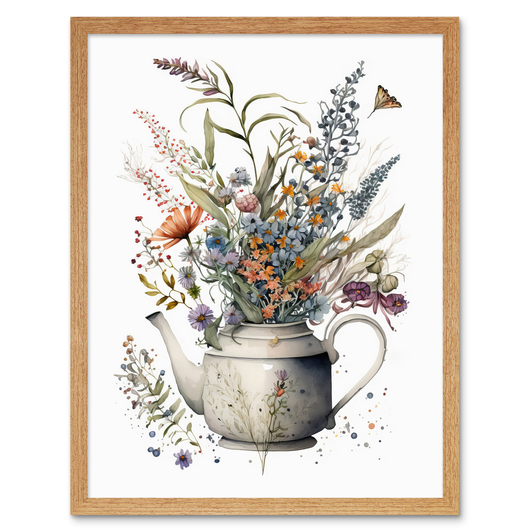 Spring Wildflower Bouquet in White Ceramic Teapot Framed Art Picture Print 12x16