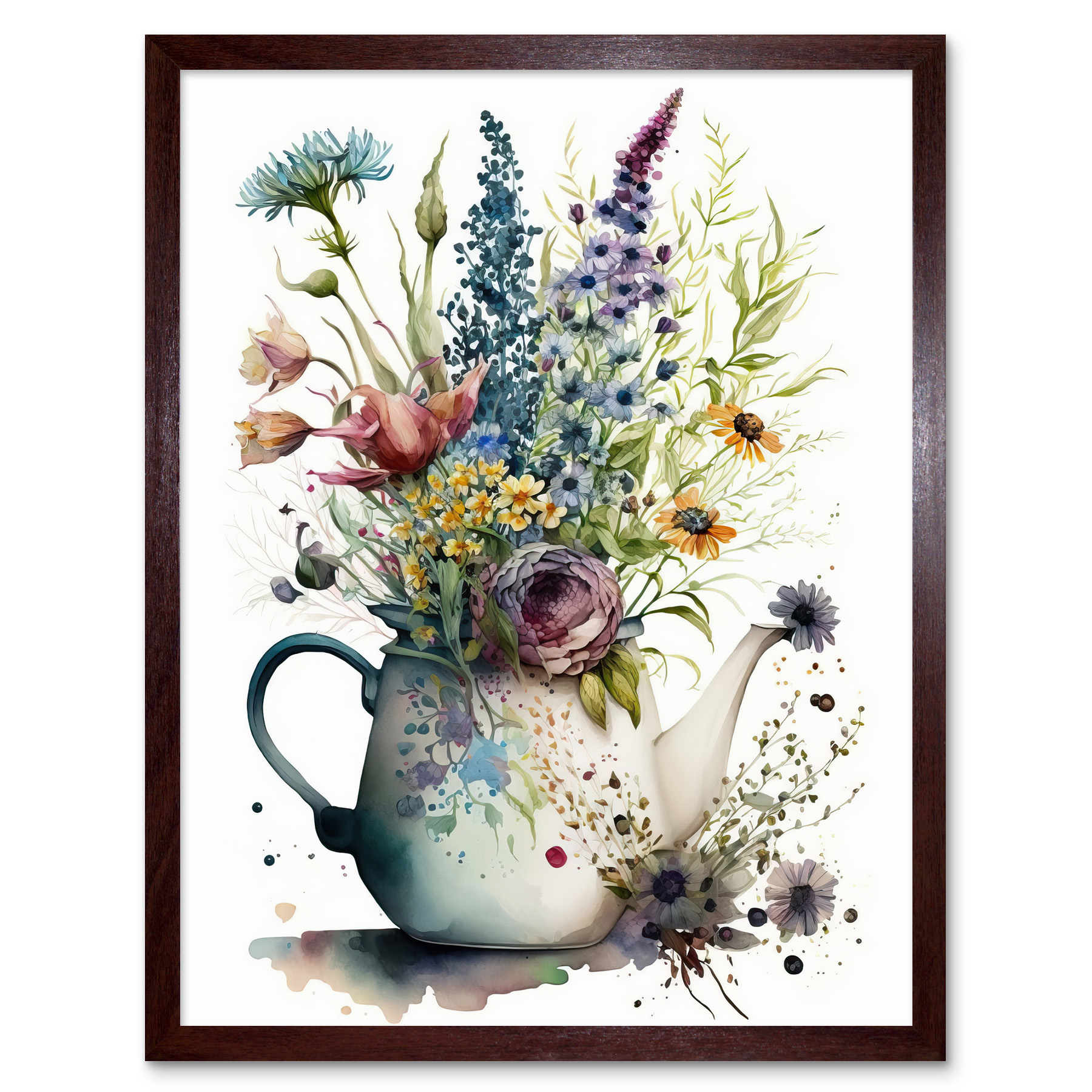Spring Wildflower Floral Bouquet in a Teapot Vase Framed Art Picture Print 12x16