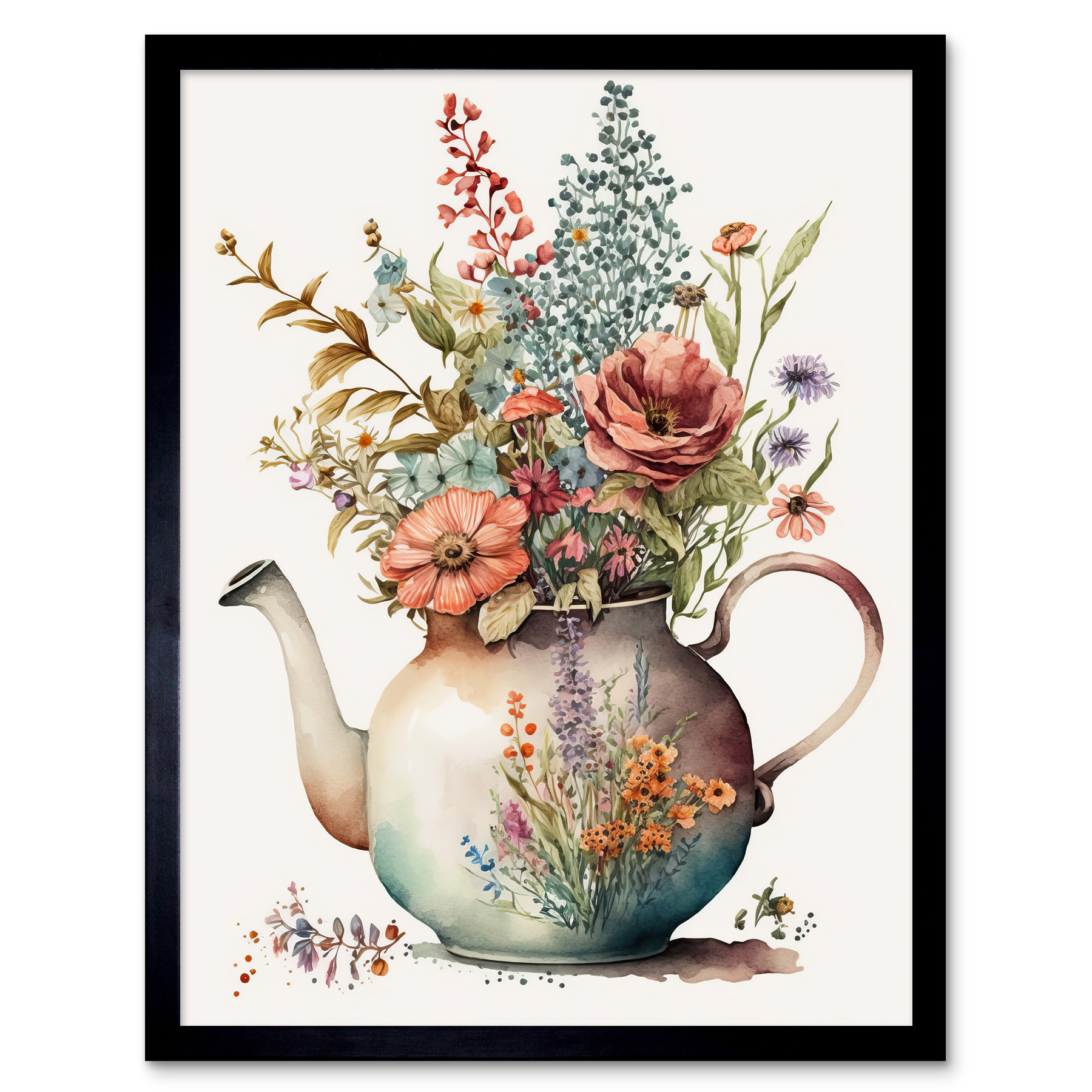 Flower Bouquet in a Floral Design Ceramic Teapot Framed Art Picture Print 12x16