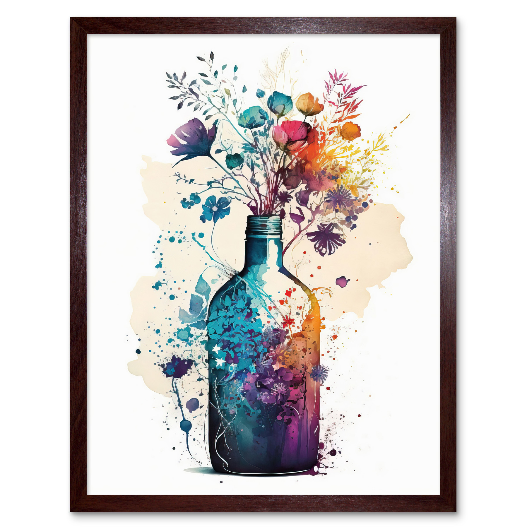 Wildflower Spring Bouquet in Glass Wine Bottle Framed Art Picture Print 12x16