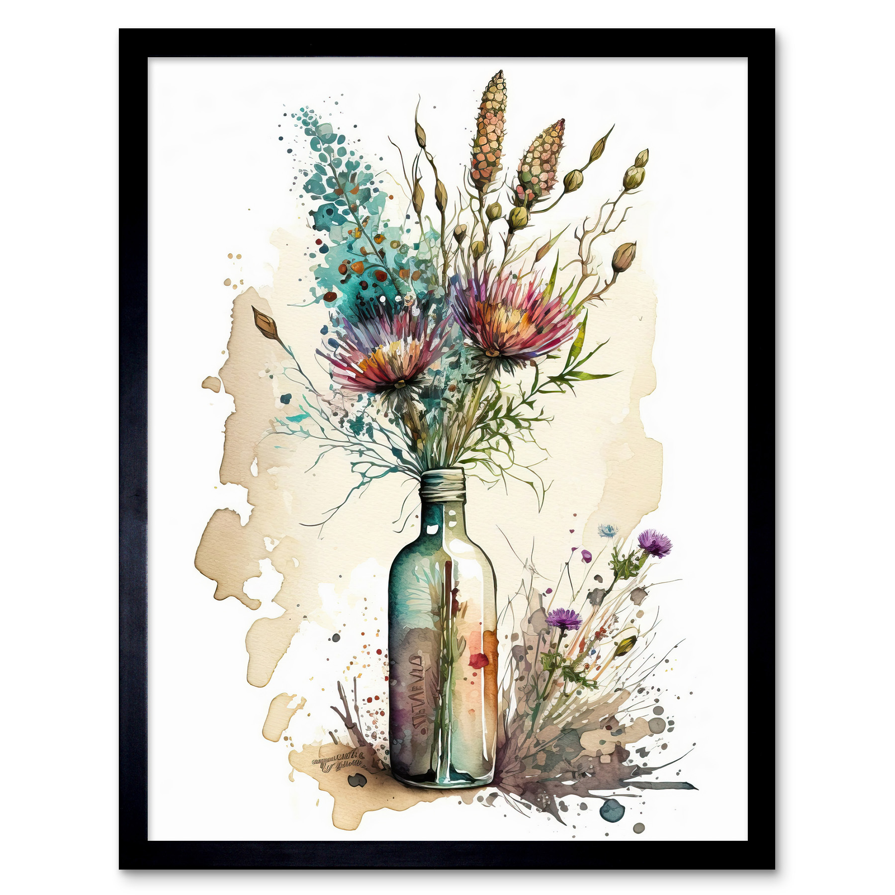 Spring Flower Bouquet In Glass Wine Bottle Vase Framed Art Picture Print 12x16