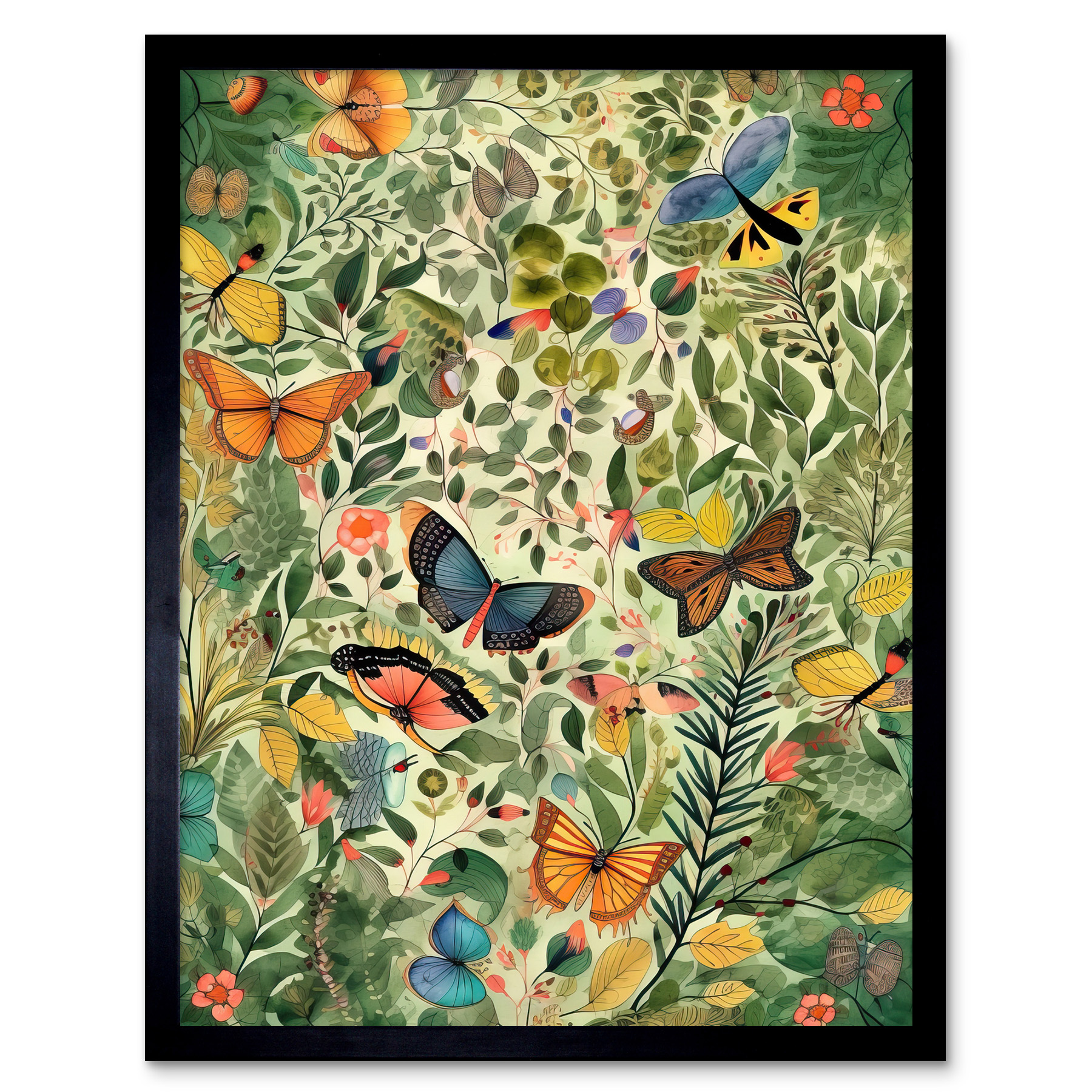 Butterflies Flying in Spring Field Modern Folk Art Framed Wall Art Print 12x16
