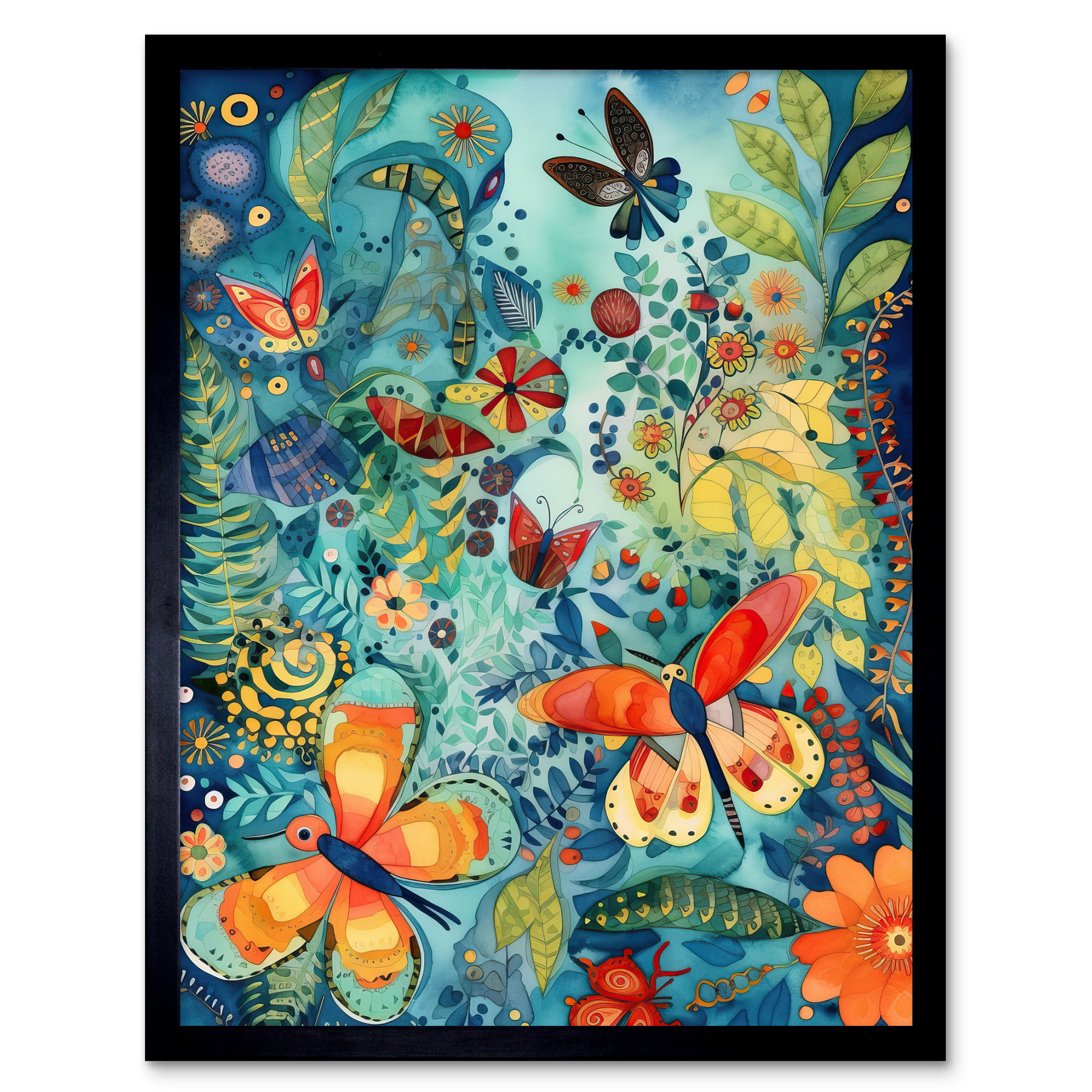 Butterfly Insects in Flower Field Modern Folk Art Framed Art Picture Print 12x16