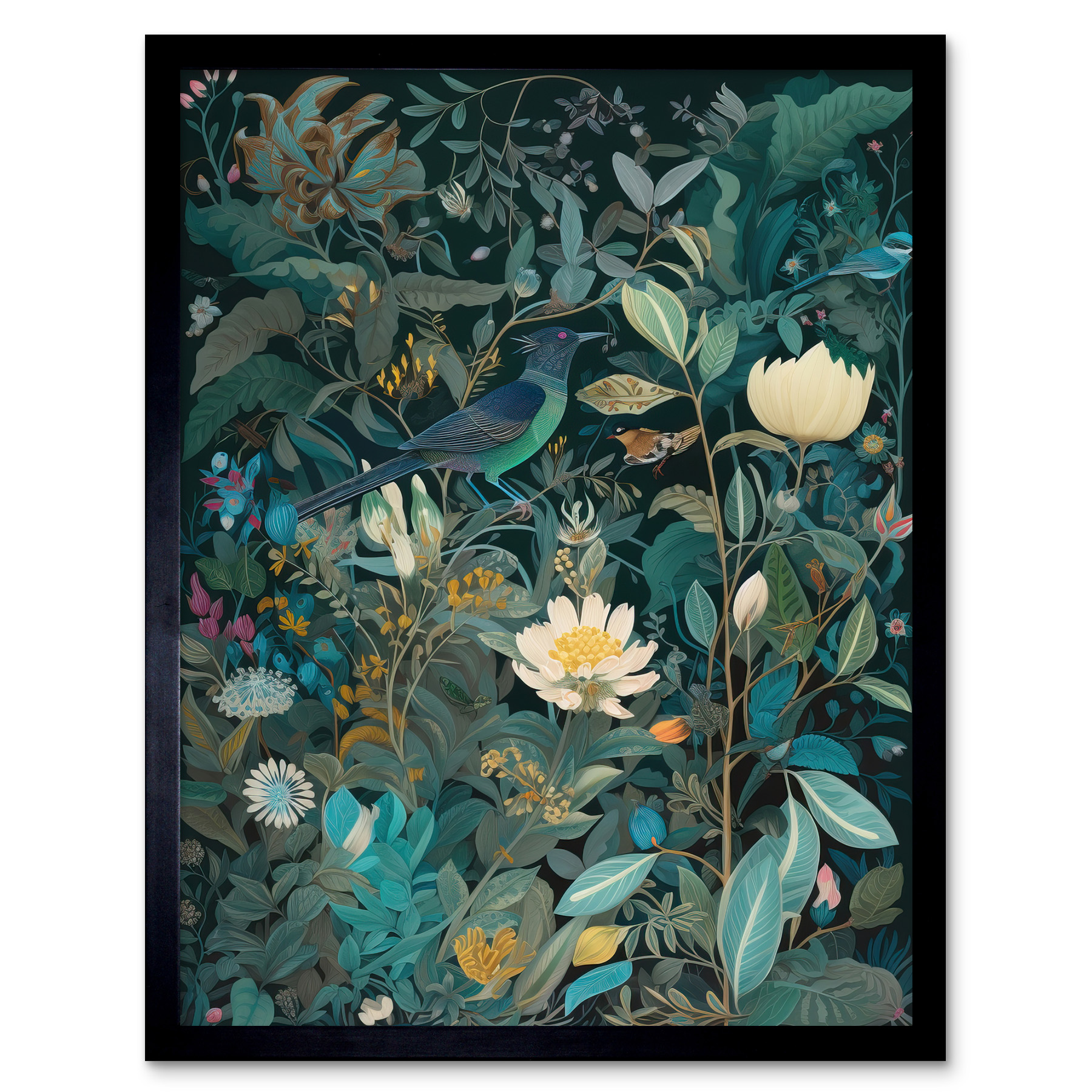 Audubon Style Birds in Blooming Wildflower Field Framed Art Picture Print 12x16