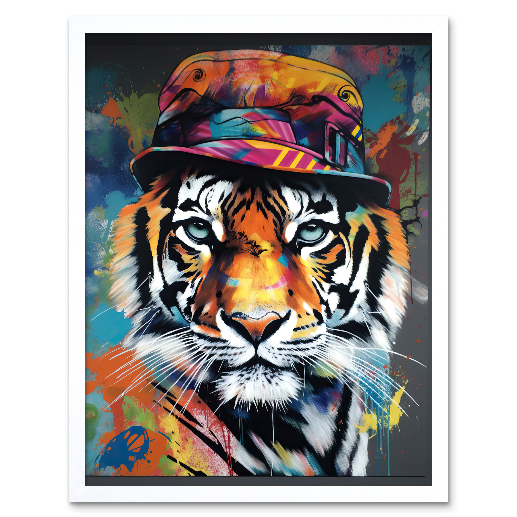 Tiger Wearing a Bucket Hat Vibrant Multicoloured Framed Art Picture Print 12x16