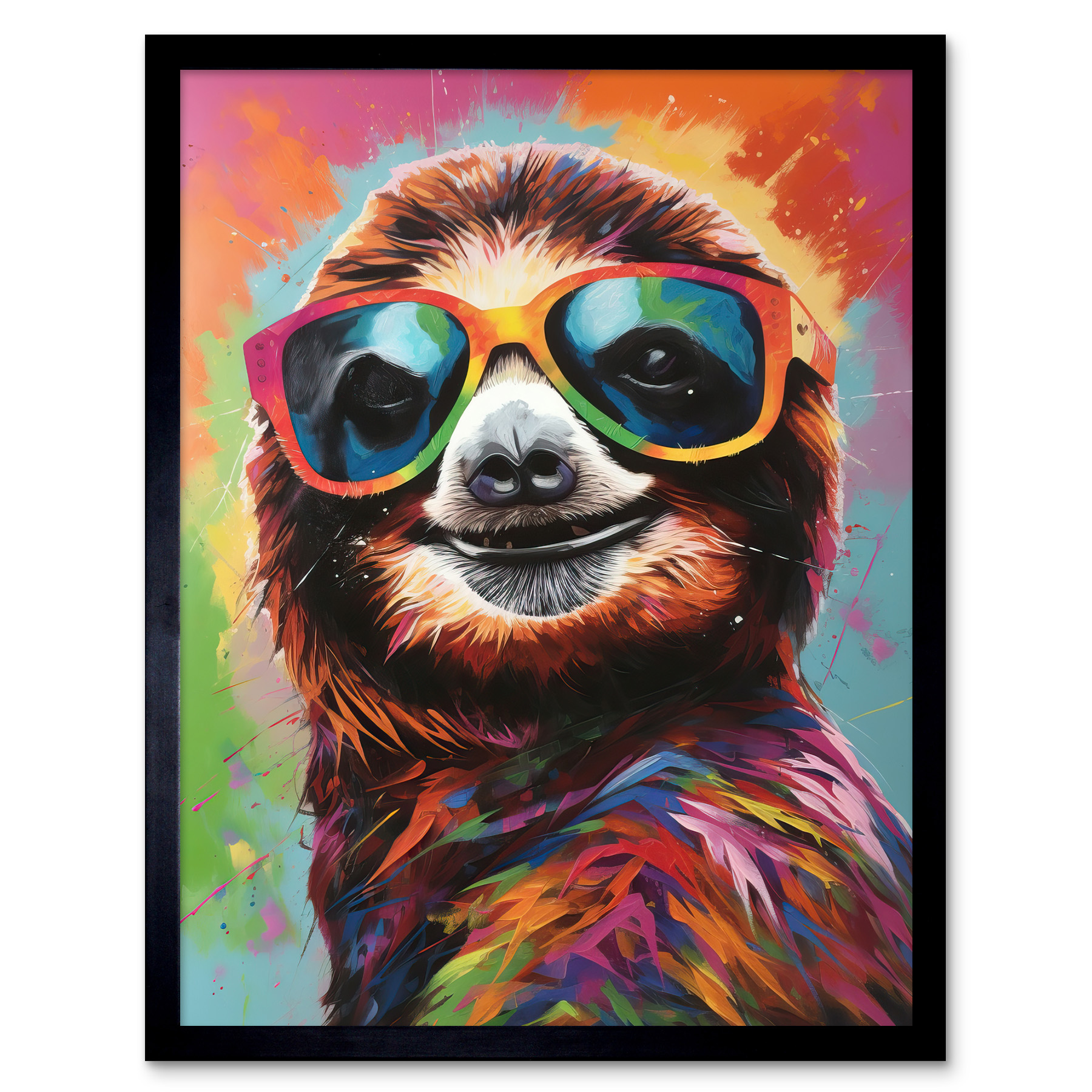 Multicoloured Smiling Sloth Wearing Sunglasses Framed Art Picture