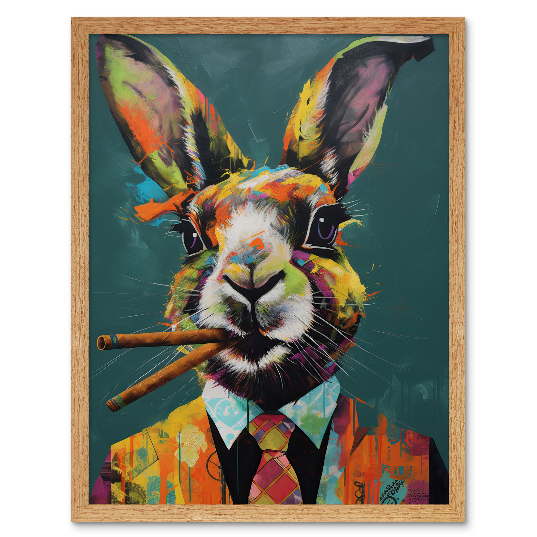 Rabbit with Cheroot Cigars Wearing Suit Modern Framed Art Picture Print 12x16