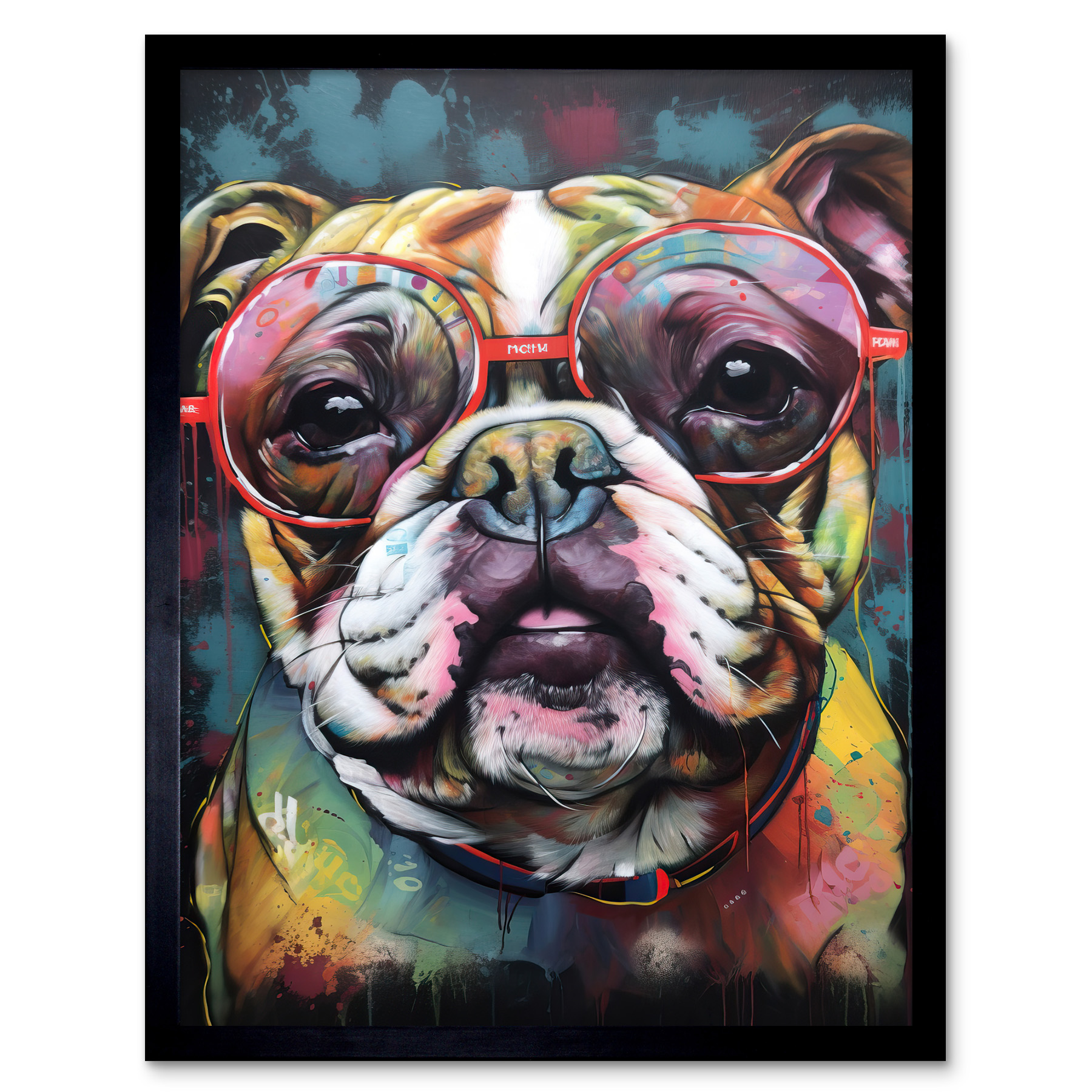 English Bulldog Wearing Sunglasses Modern Detailed Framed Wall Art Print 12x16