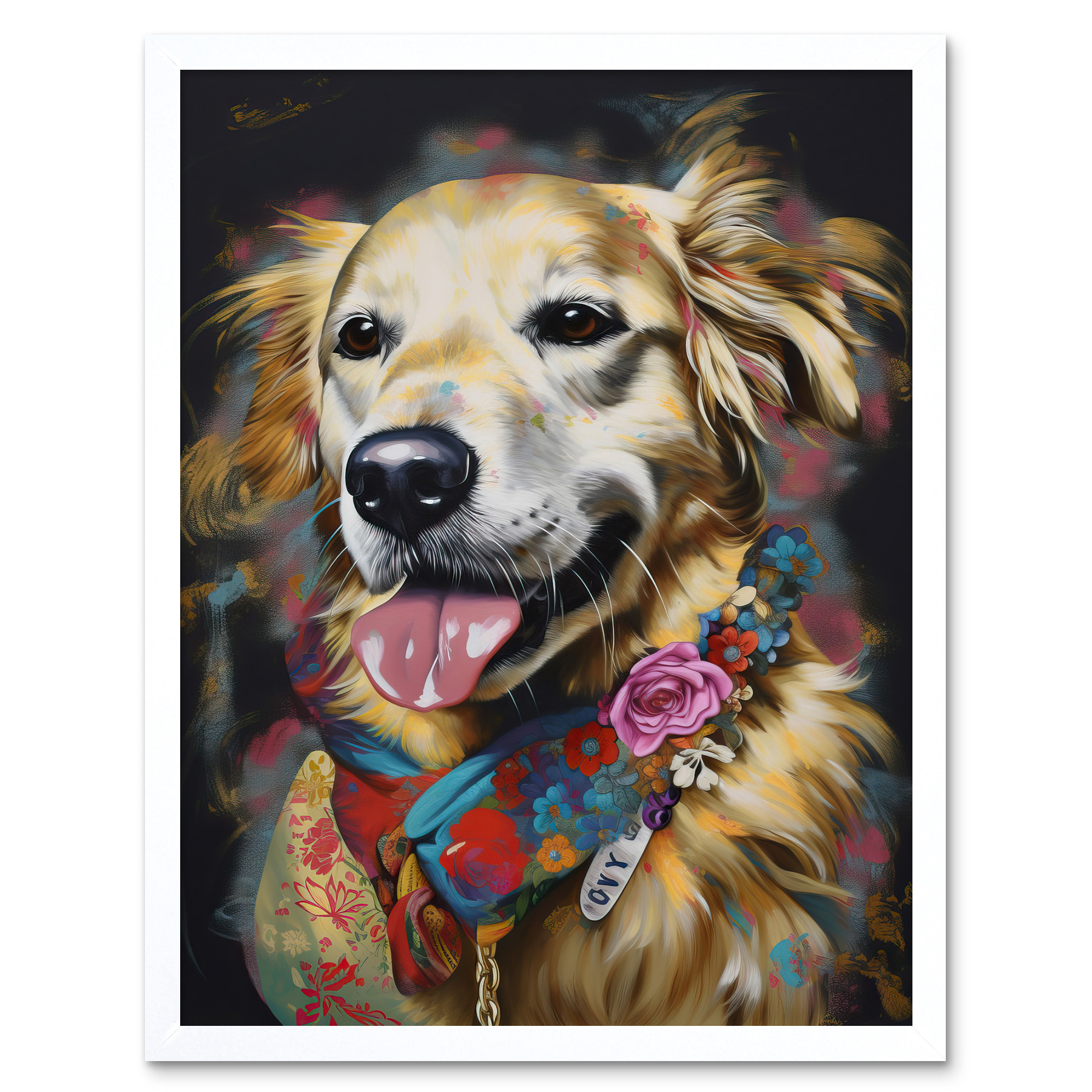 Golden Retriever Dog with Floral Bandana Collar Framed Art Picture Print 12x16