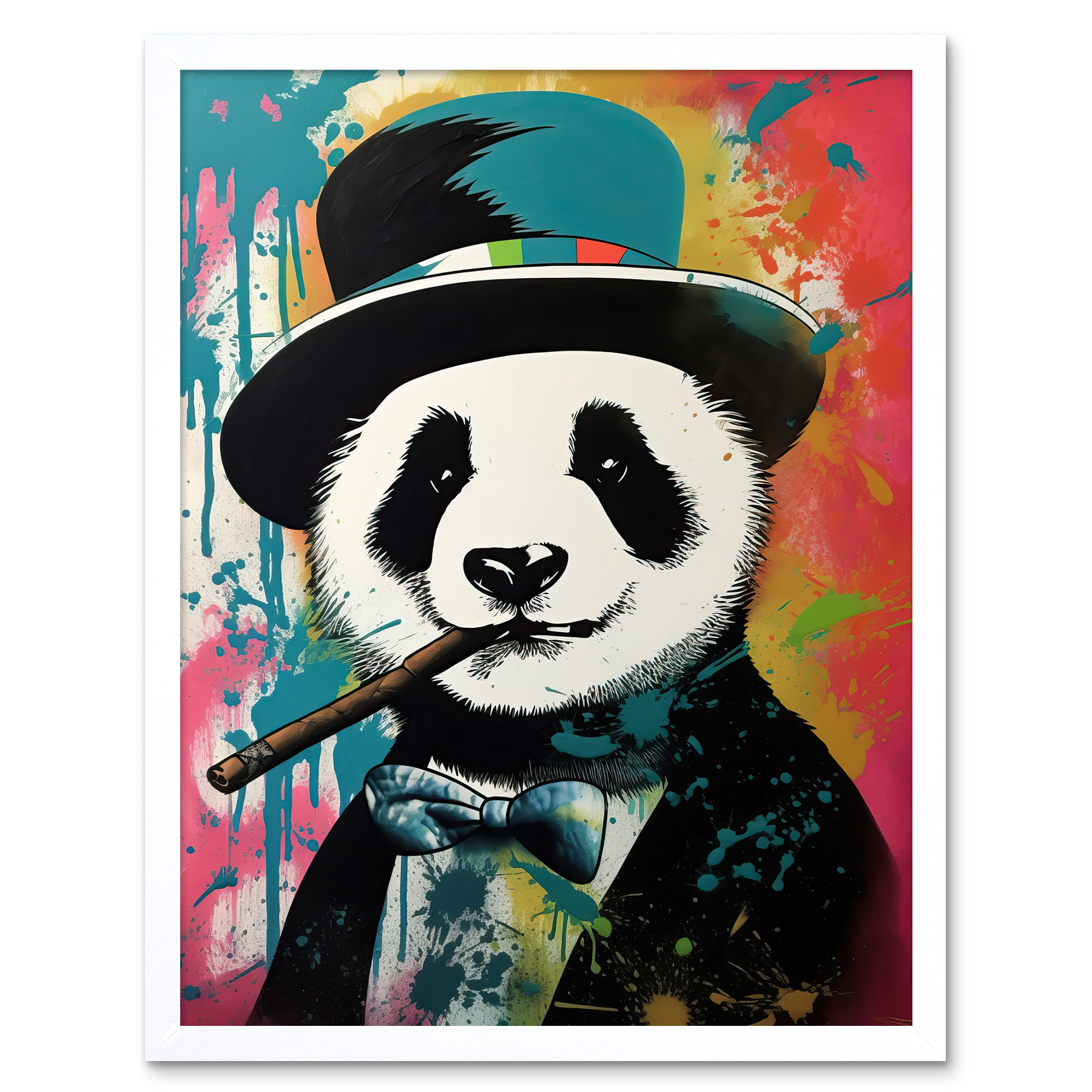 Panda Bear Wearing Blue Top Hat Suit Smoking Cigar Framed Wall Art Print 12x16
