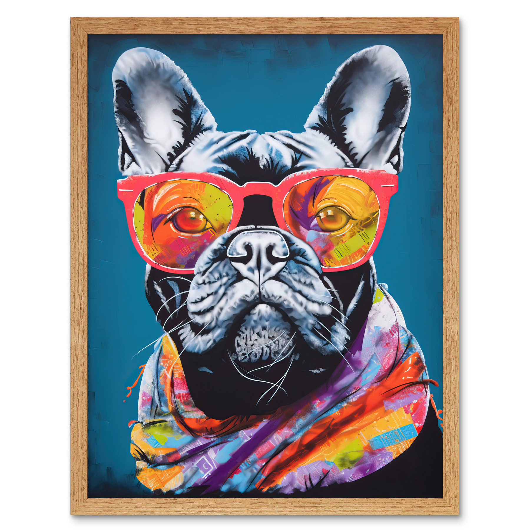 English Bulldog with Neon Bandana and Sunglasses Framed Art Picture Print 12x16