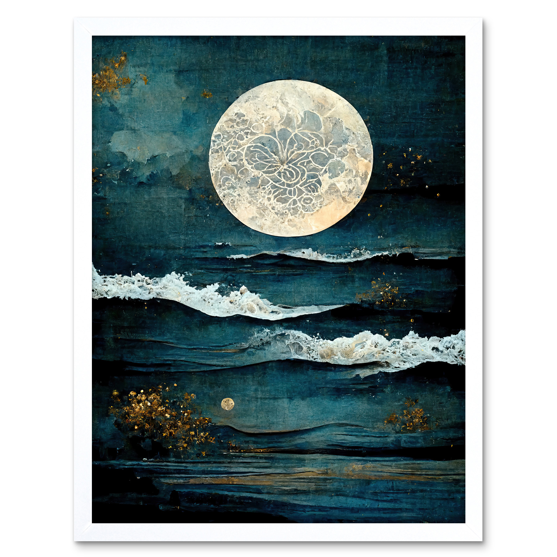 Large Full Moon Seascape Golden Algae Wave Foam Framed Art Picture Print 12x16