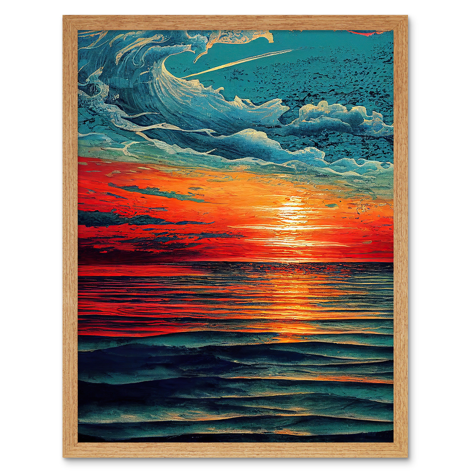 Seascape Scarlet Sunrise Fiery Horizon Clouds Framed Art Picture Print 12x16