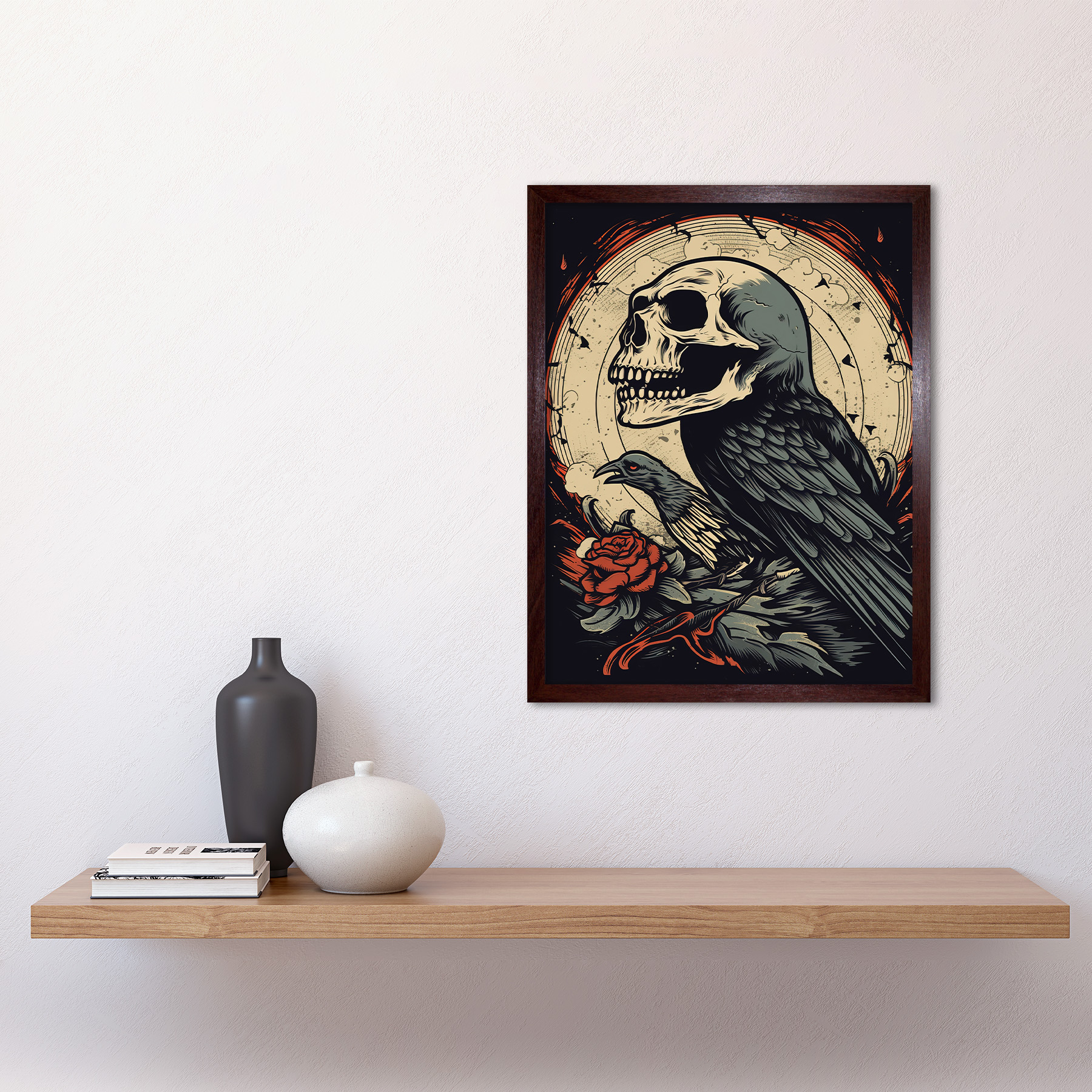 Raven Human Skull Old School Tattoo Rockabilly 50s Framed