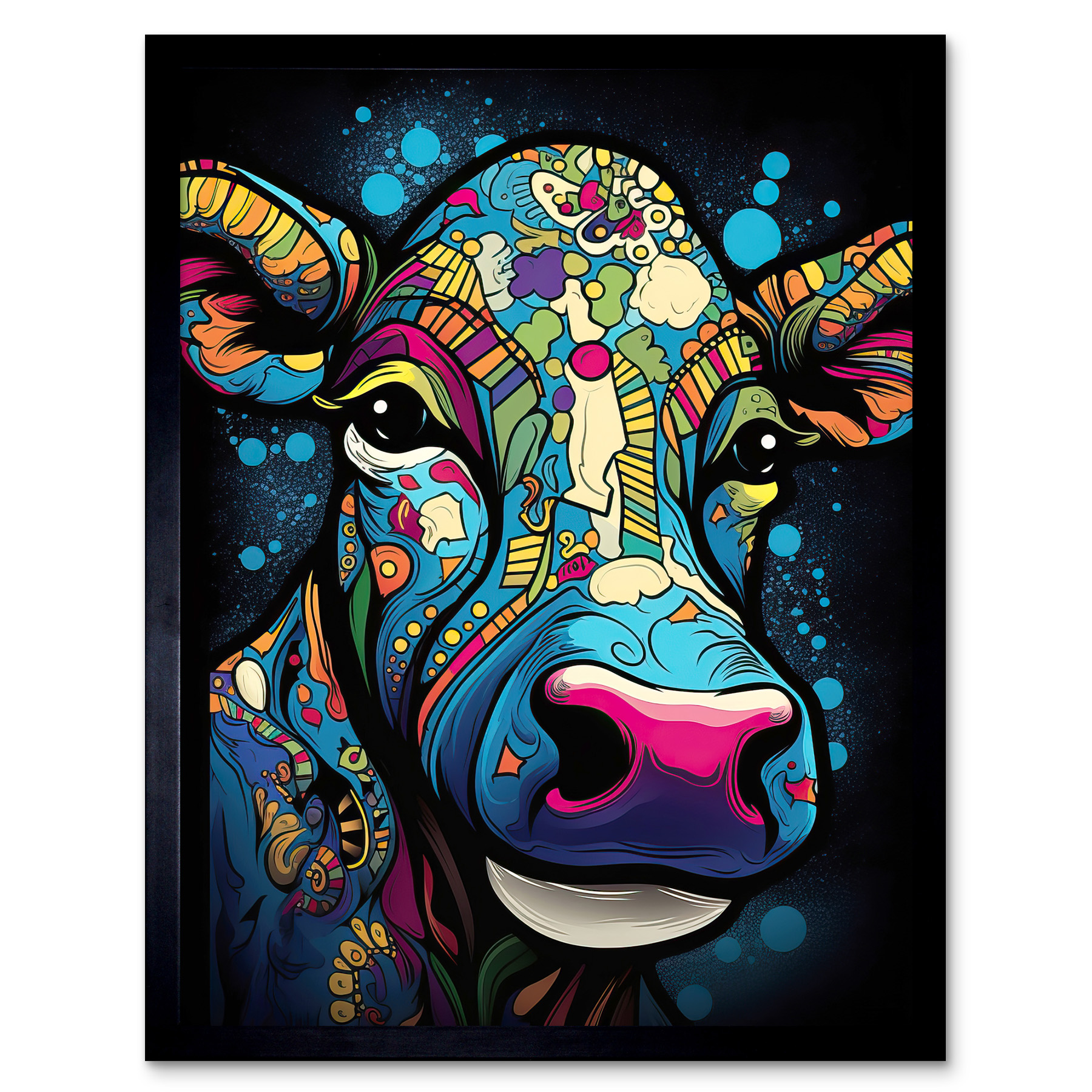 Psychedelic Pattern Cow Painting Colourful Portrait Pop Art Framed