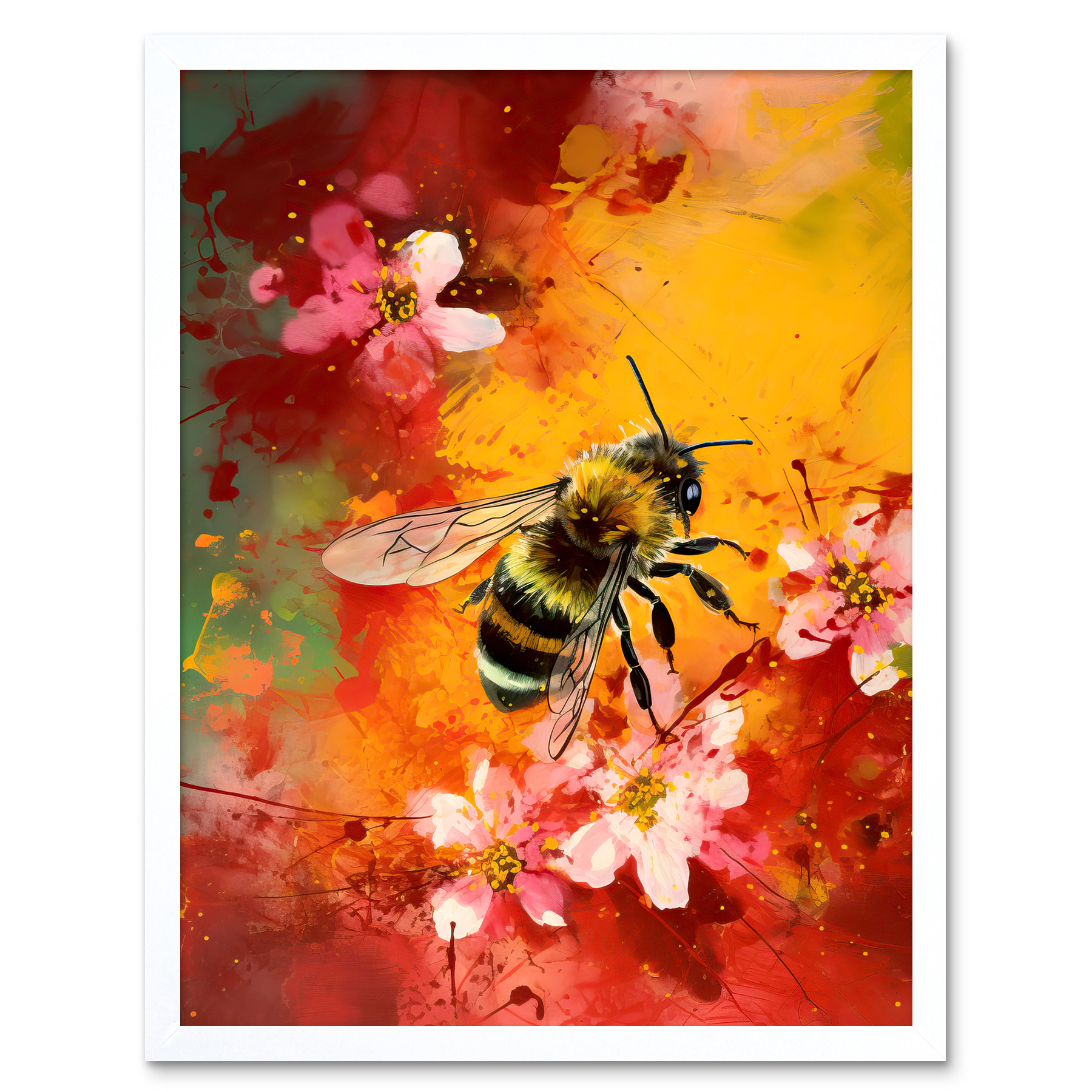 Honey Bee on Abstract Flower Bed Oil Painting Framed Wall Art